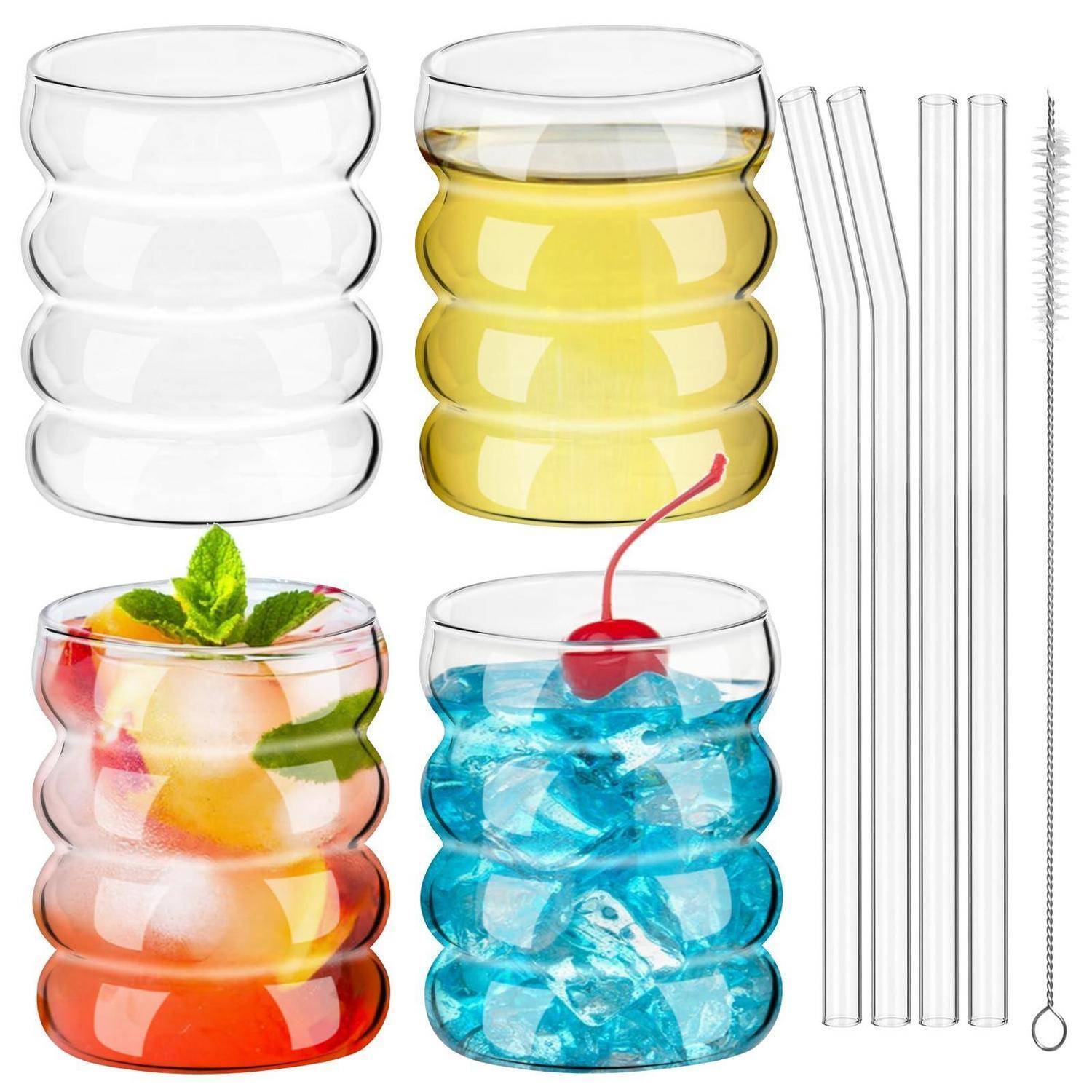 4er Set Trinkgläser 350ml mit Glasstrohhalmen und Bürste