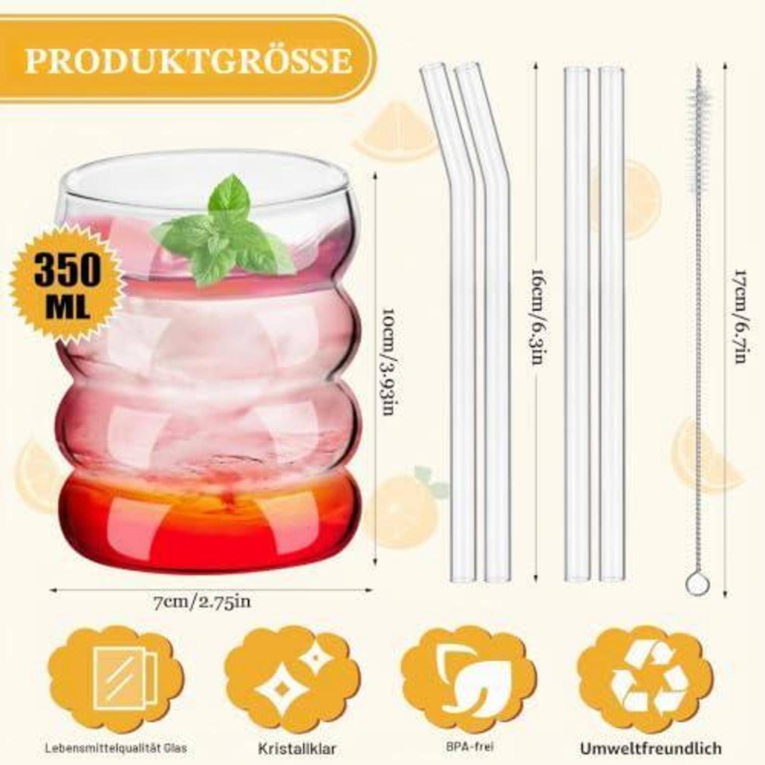 4er Set Trinkgläser 350ml mit Glasstrohhalmen und Bürste
