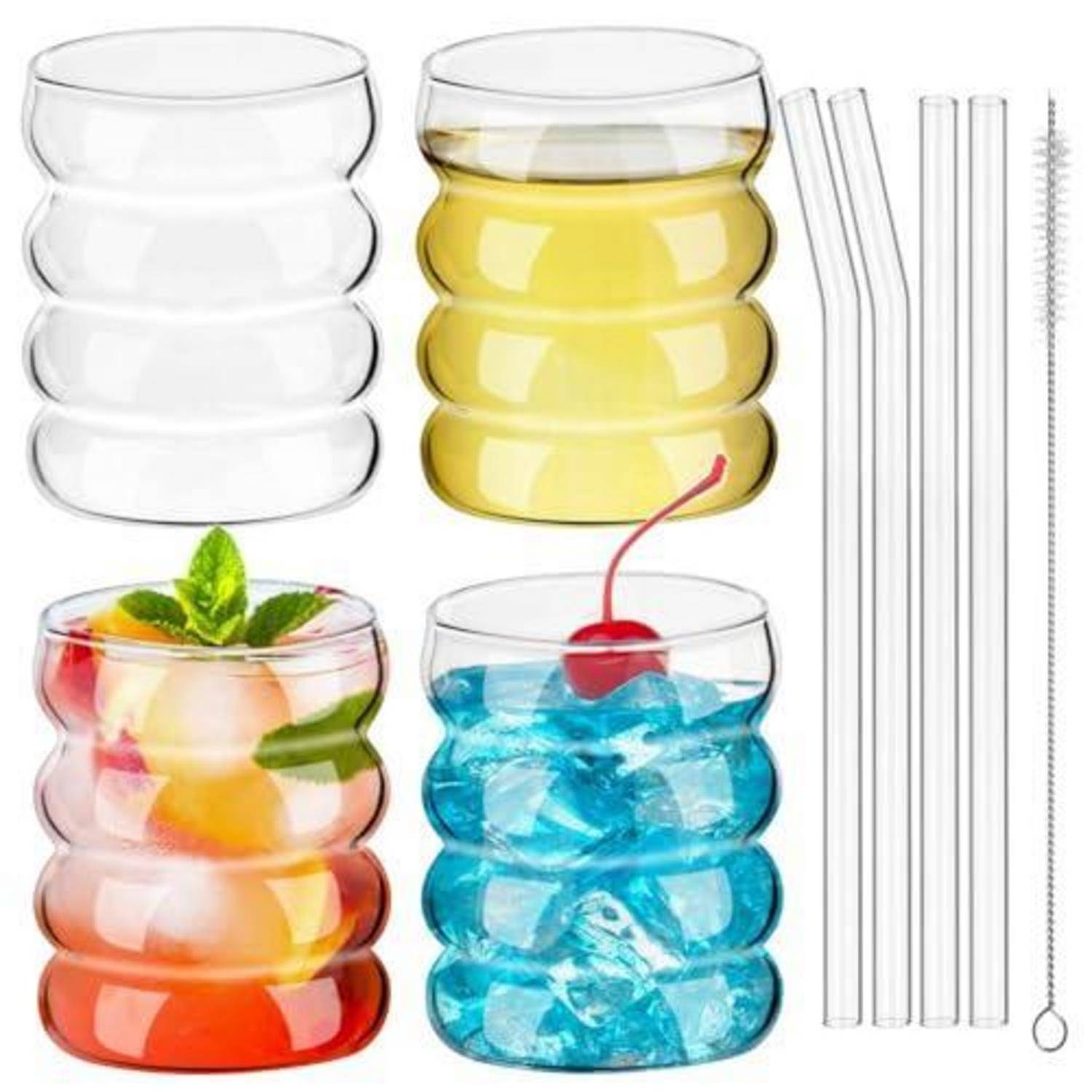 4er Set Trinkgläser 350ml mit Glasstrohhalmen und Bürste