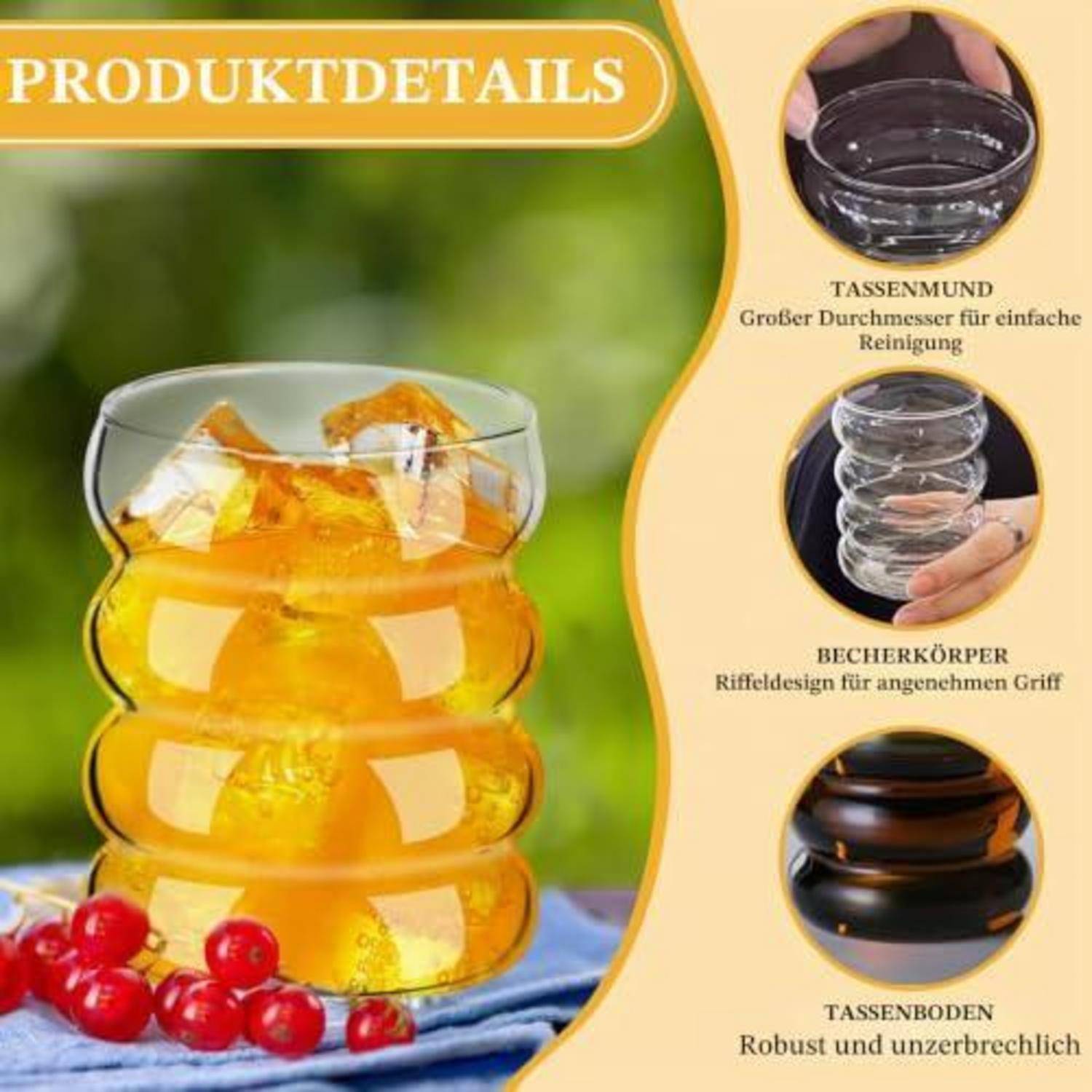 4er Set Trinkgläser 350ml mit Glasstrohhalmen und Bürste