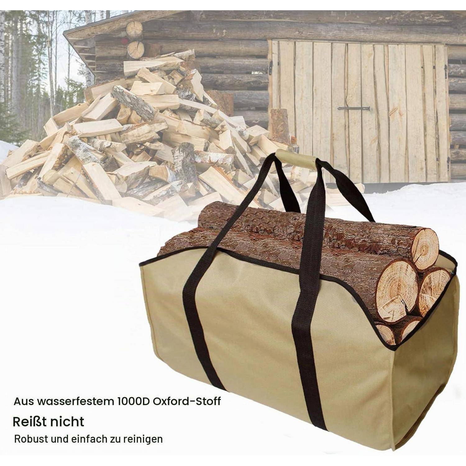 Beige-farbene Holzträgertasche mit schwarzen Griffen, gefüllt mit Brennholz, im Schnee vor einem Holzschuppen gezeigt, mit deutschem Text, der wasserabweisend, reißfest 1000D Oxford-Gewebe bewirbt.