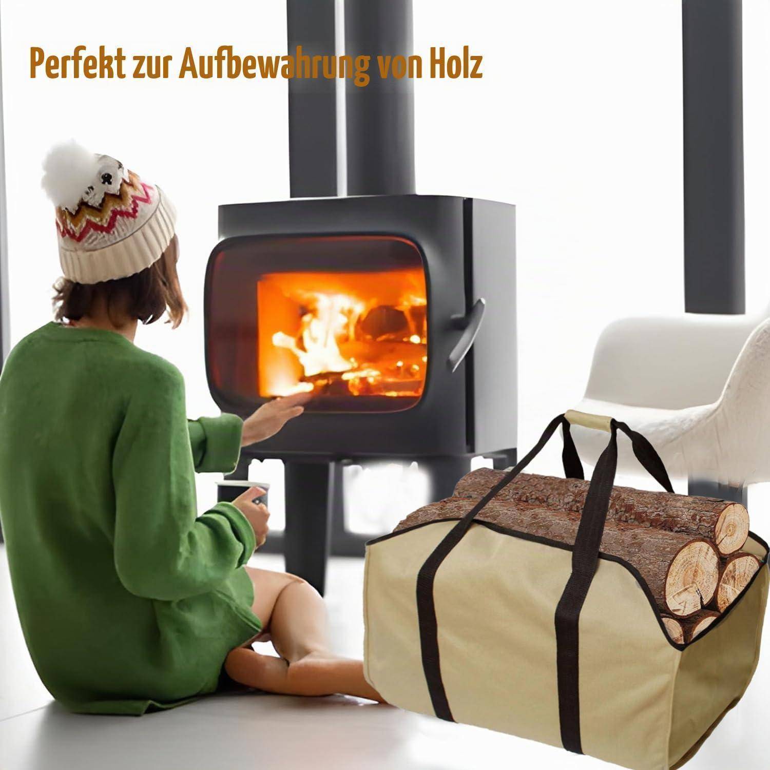 Frau in einem grünen Pullover sitzt neben einem brennenden Holzofen, mit einer Holzaufbewahrungstasche mit Brennholz im Vordergrund; der Text lautet „Perfekt zur Aufbewahrung von Holz".