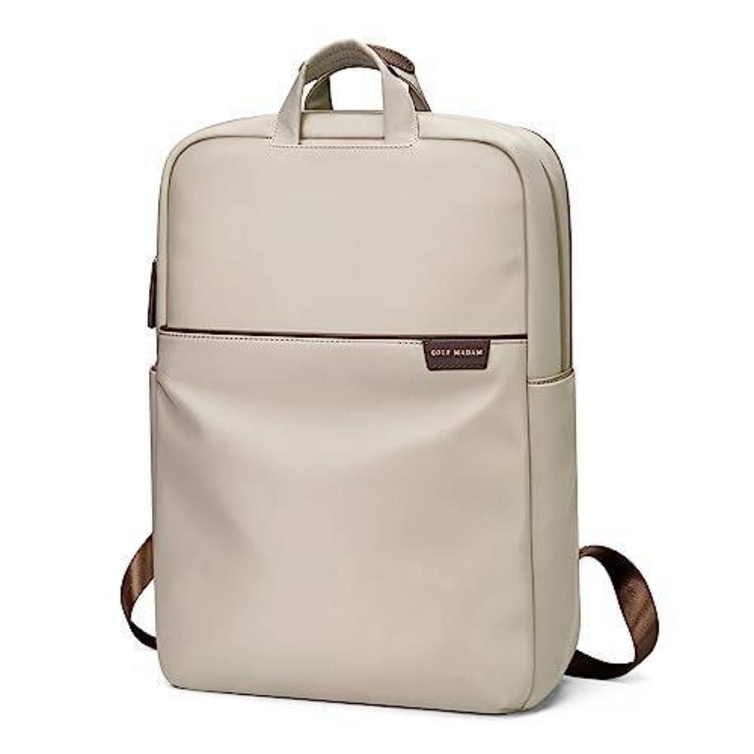 Beige Rucksack mit Griff oben, Vordertasche und braunen Schultergurten auf weißem Hintergrund.