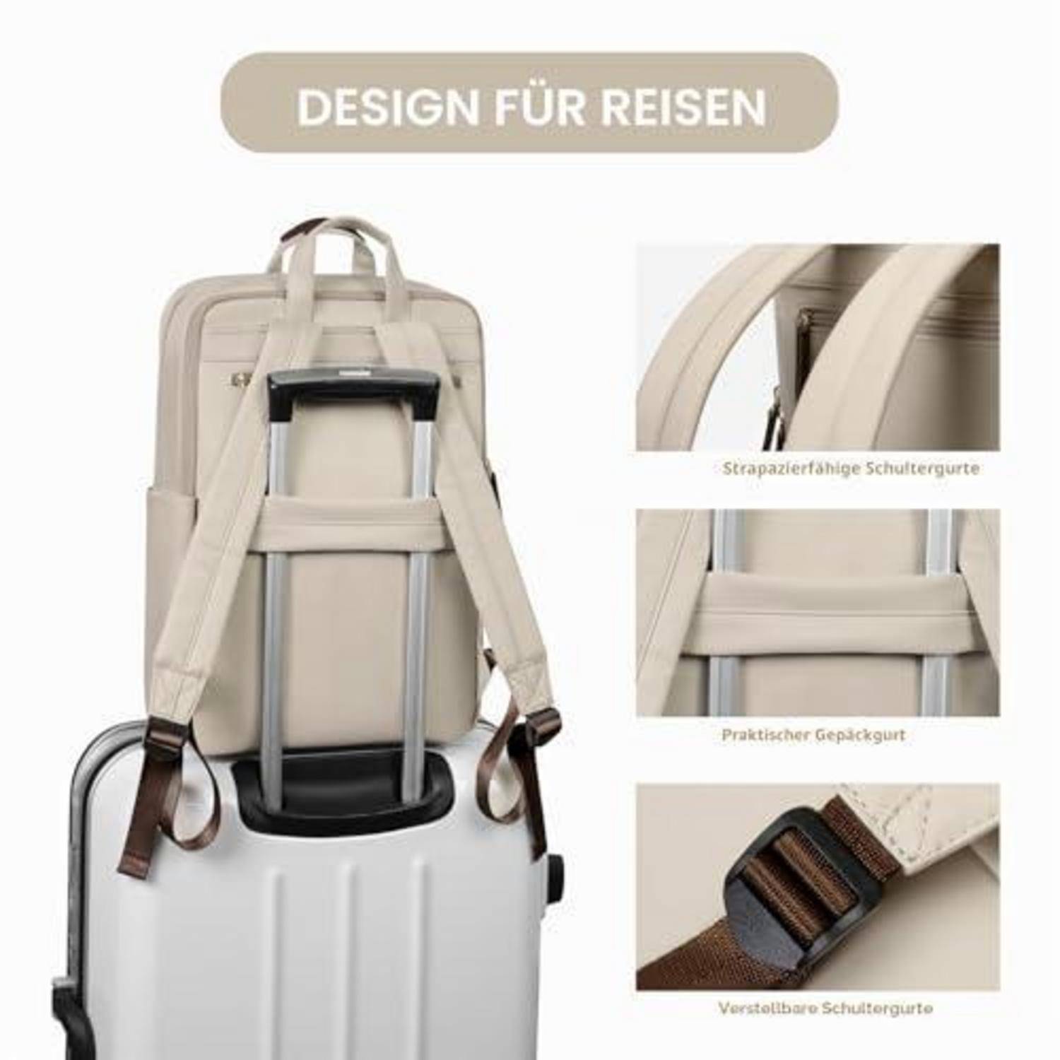 Damen Rucksack 13,3 Zoll Laptopfach Handgepäck Reisetasche Aprikose