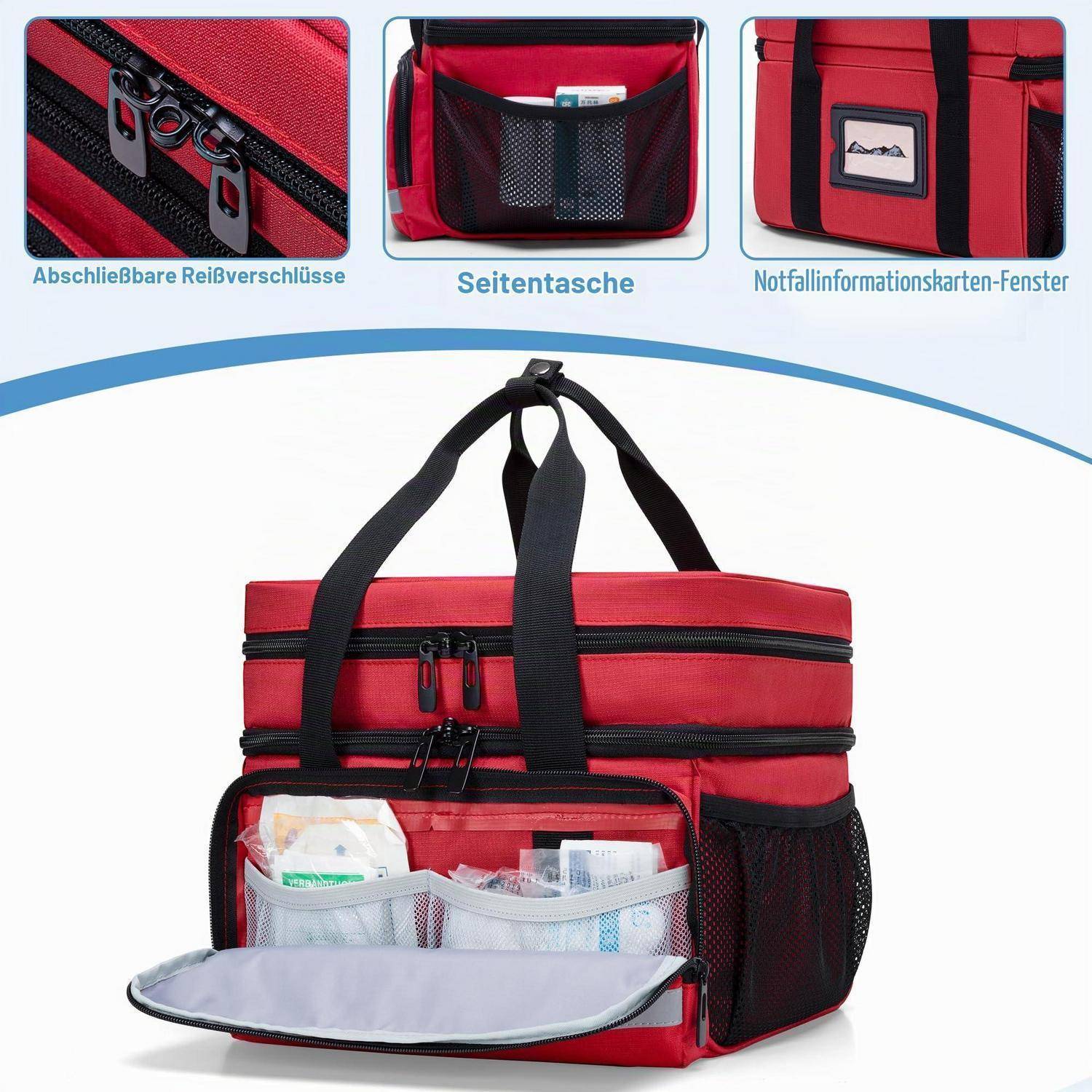 CURMIO Medizinische Tasche Rot Doppelschicht mit Trennwänden