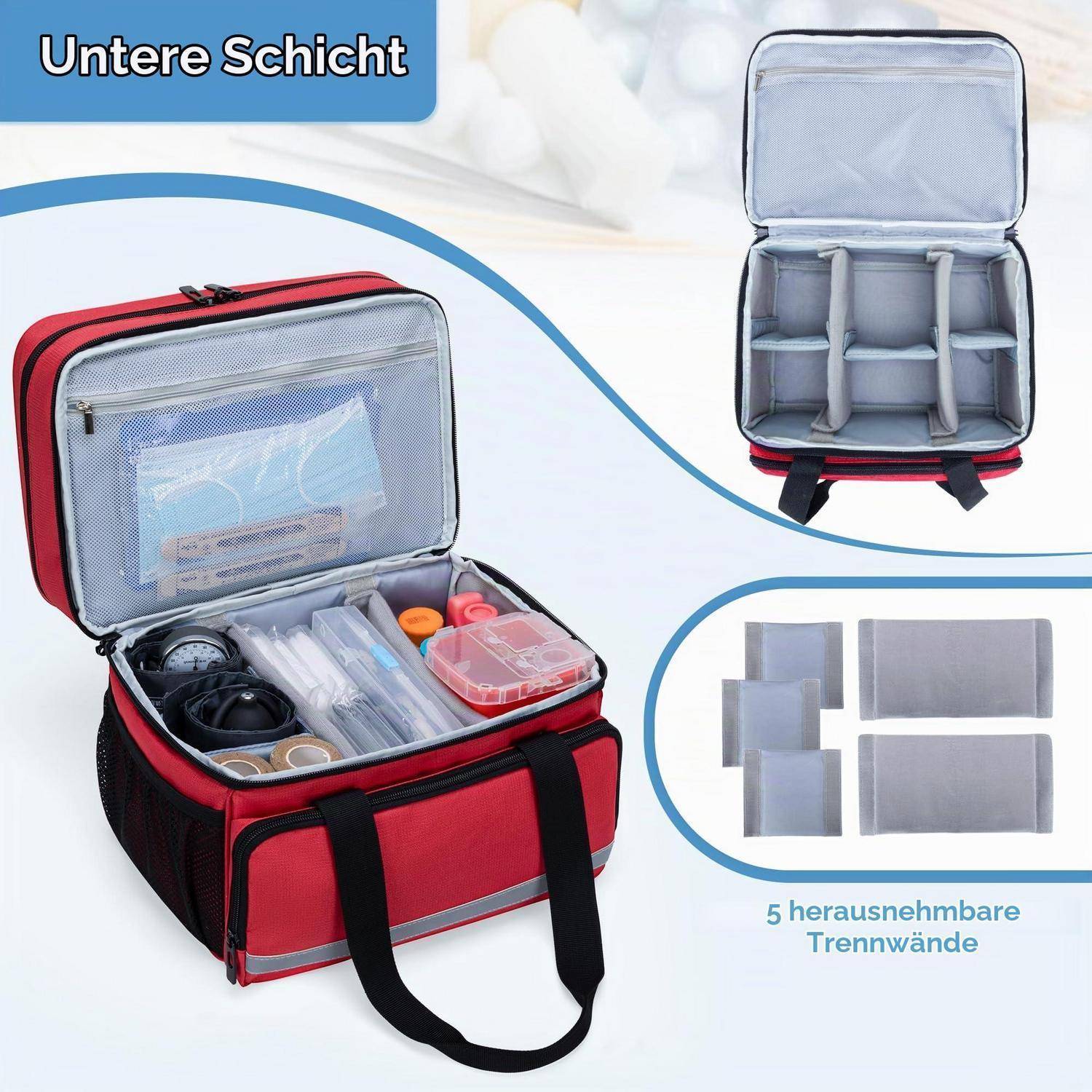 CURMIO Medizinische Tasche Rot Doppelschicht mit Trennwänden