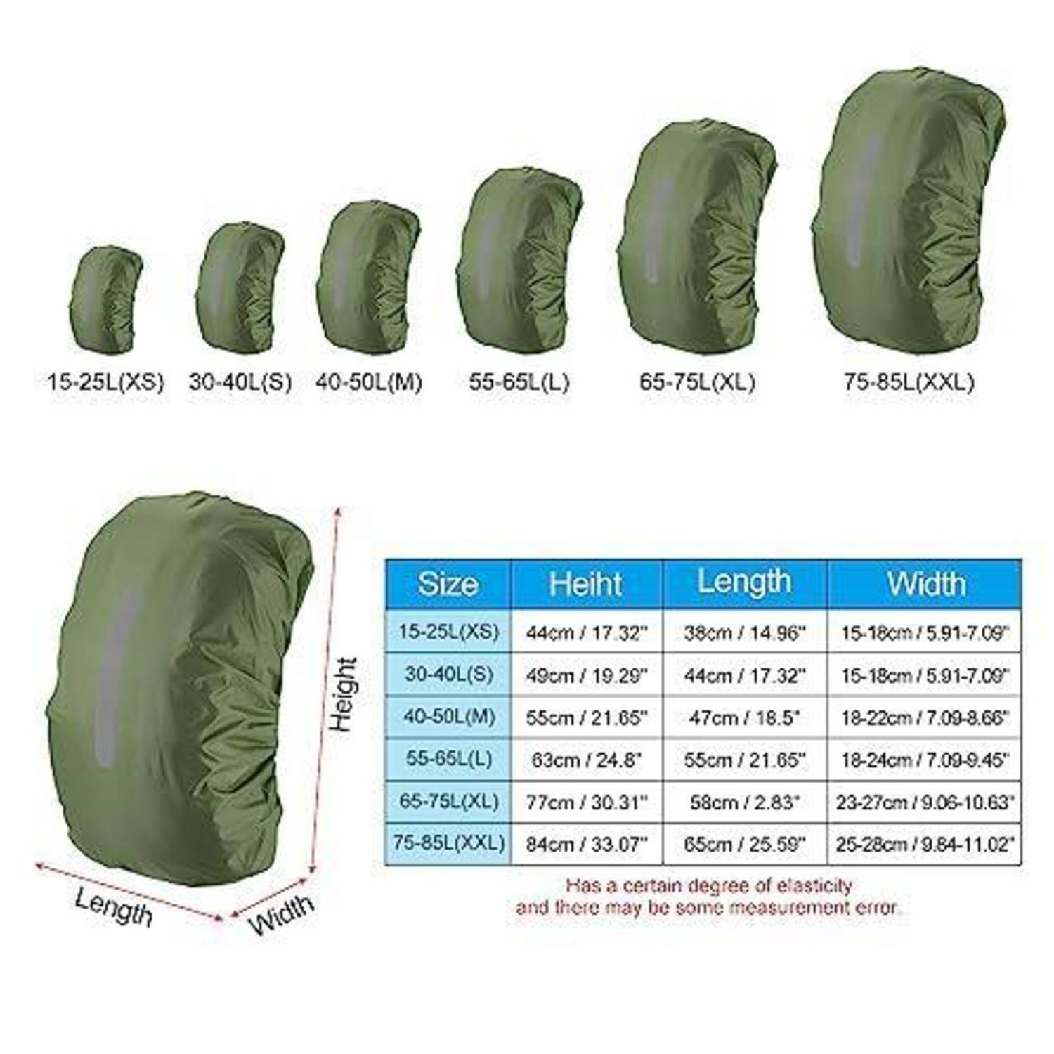 Größenleitfaden für Rucksack-Regenschutzhüllen mit sechs Größen von 15–25 L (XS) bis 75–85 L (XXL) mit Höhen-, Längen- und Breitenmessungen.