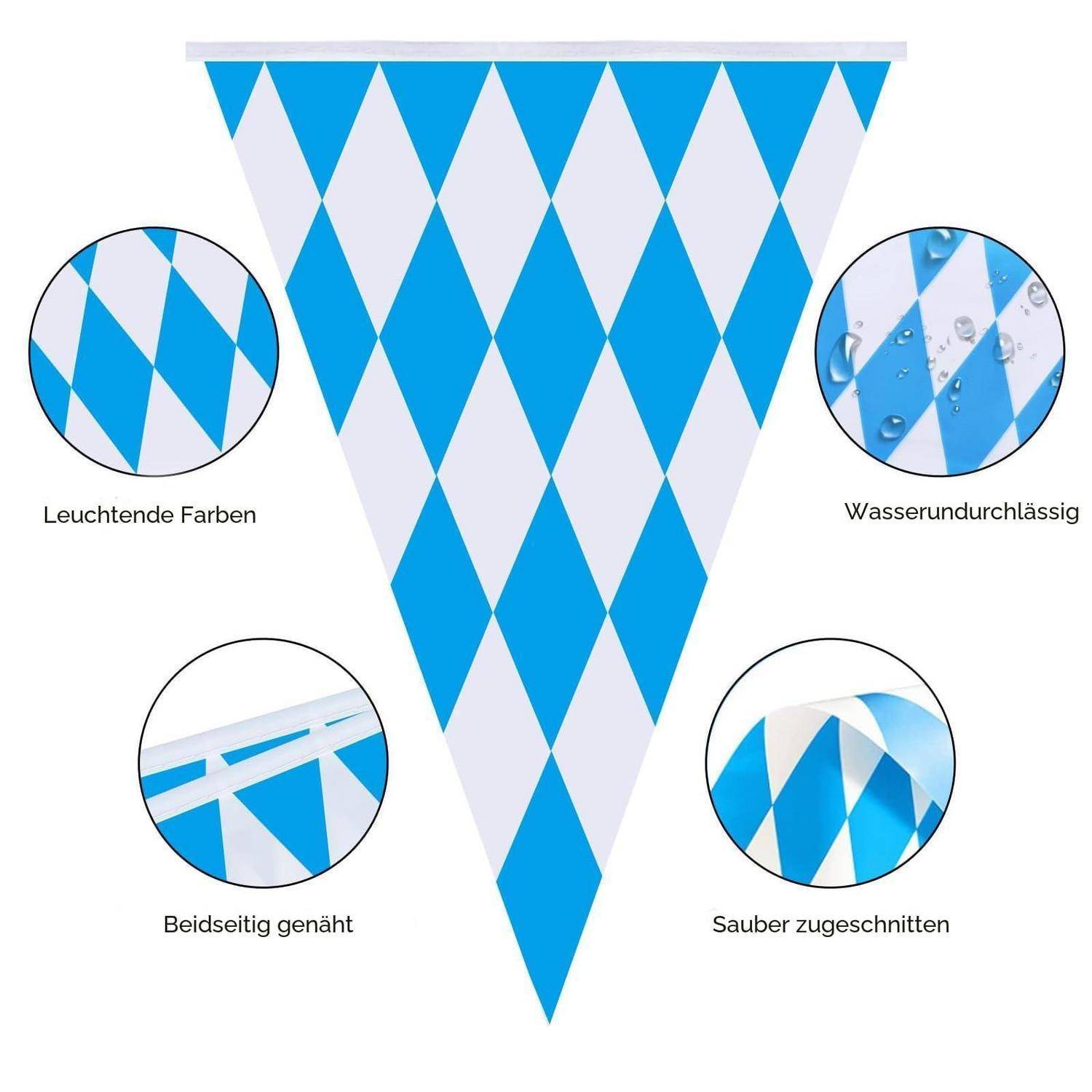 Blau-weiße Diamant-Wimpelgirlande mit vier Funktionshinweisen: lebendige Farben, wasserfest, doppelt genäht und sauber geschnitten.
