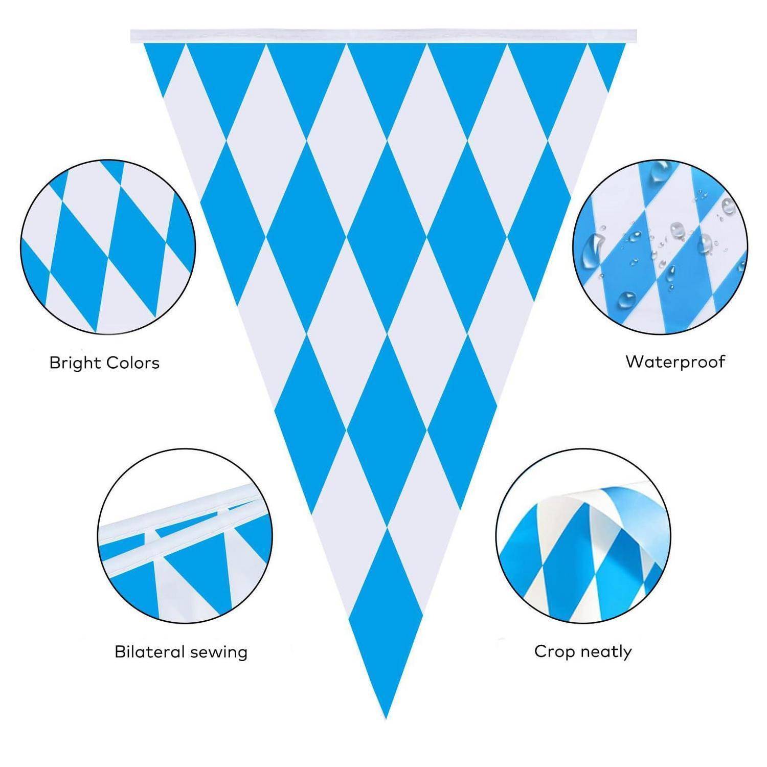 Banner mit blau-weißem Diamantmuster und Hinweisen auf leuchtende Farben, wasserfestes Material, beidseitige Nähte und saubere Kanten.