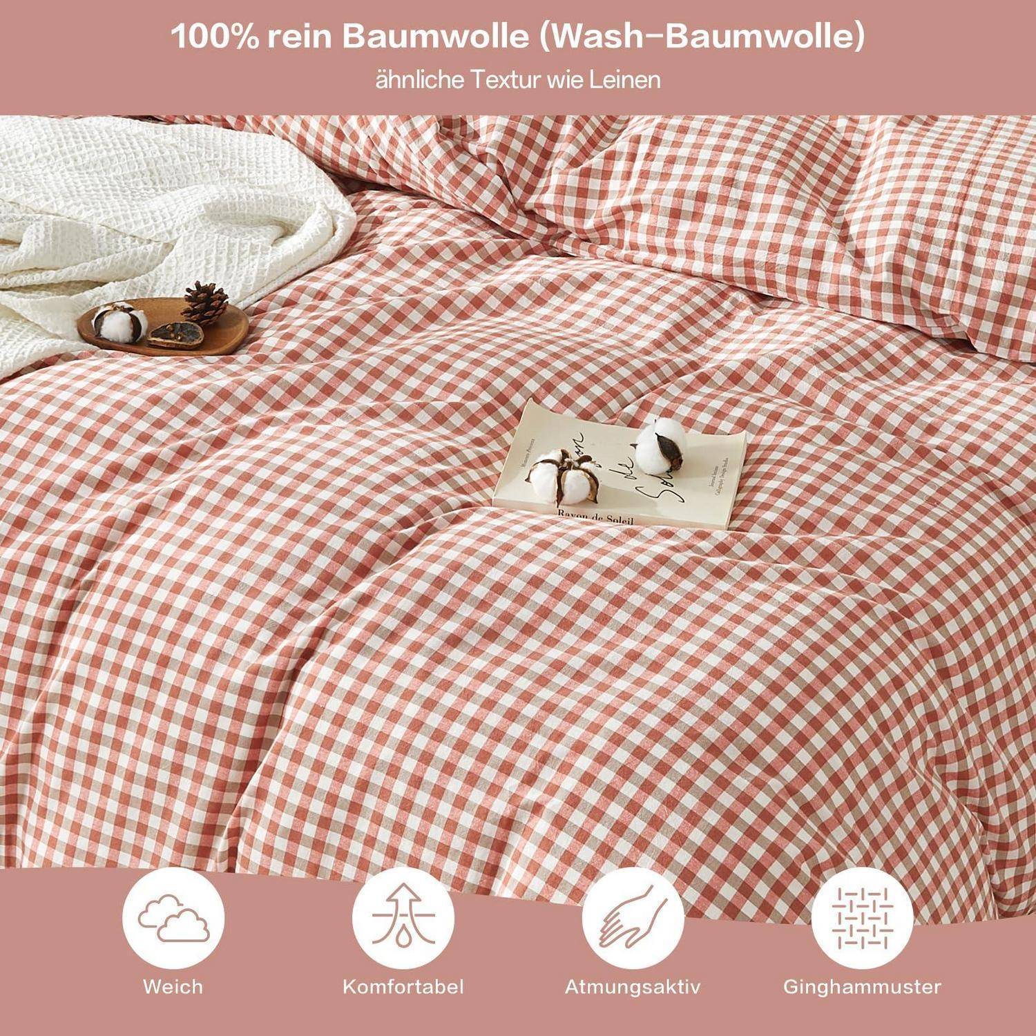 Rot-weiß karierte Baumwoll-Bettwäsche auf einem Bett, mit der Kennzeichnung 100% Baumwolle, mit weichem, komfortablem, atmungsaktivem Karostoff.