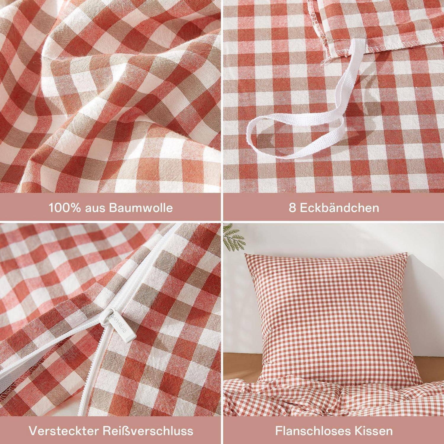 Vier-Panel-Produktbild einer rot-weiß karierten Kissenhülle mit 100 % Baumwolle, 8 Eckbändern, verstecktem Reißverschluss und fertigem Kisseneinsatz.
