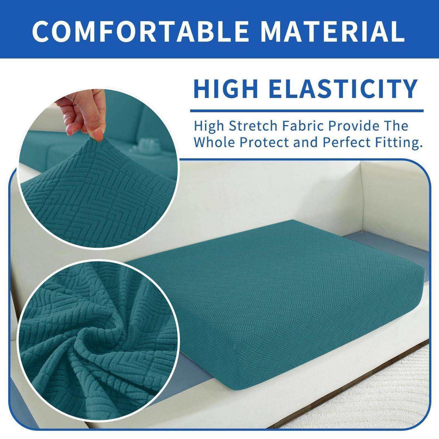Bewerbungsgrafik zeigt eine türkisfarbene elastische Stoffbezug, die ein Sofa bedeckt, mit der Kennzeichnung 