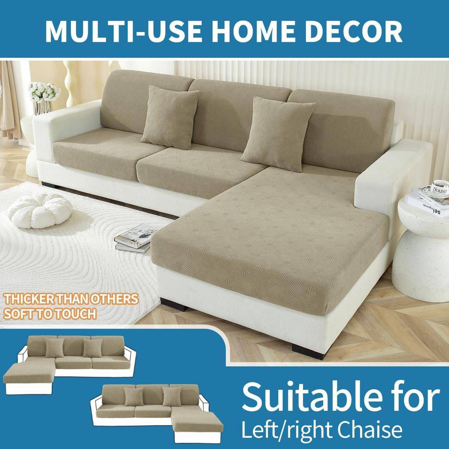 Beige und weiße Ecksofa mit Chaiselongue in einem hellen Wohnzimmer; Text sagt „Vielseitiges Wohndekor" und „Geeignet für linke/rechte Chaiselongue"".