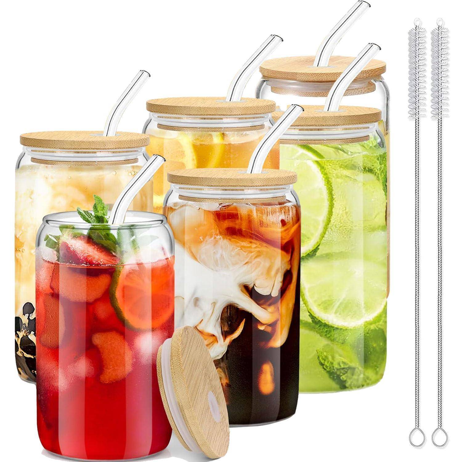 Trinkbecher Set 6er 16oz Glas mit Deckel und Strohhalm, farblos