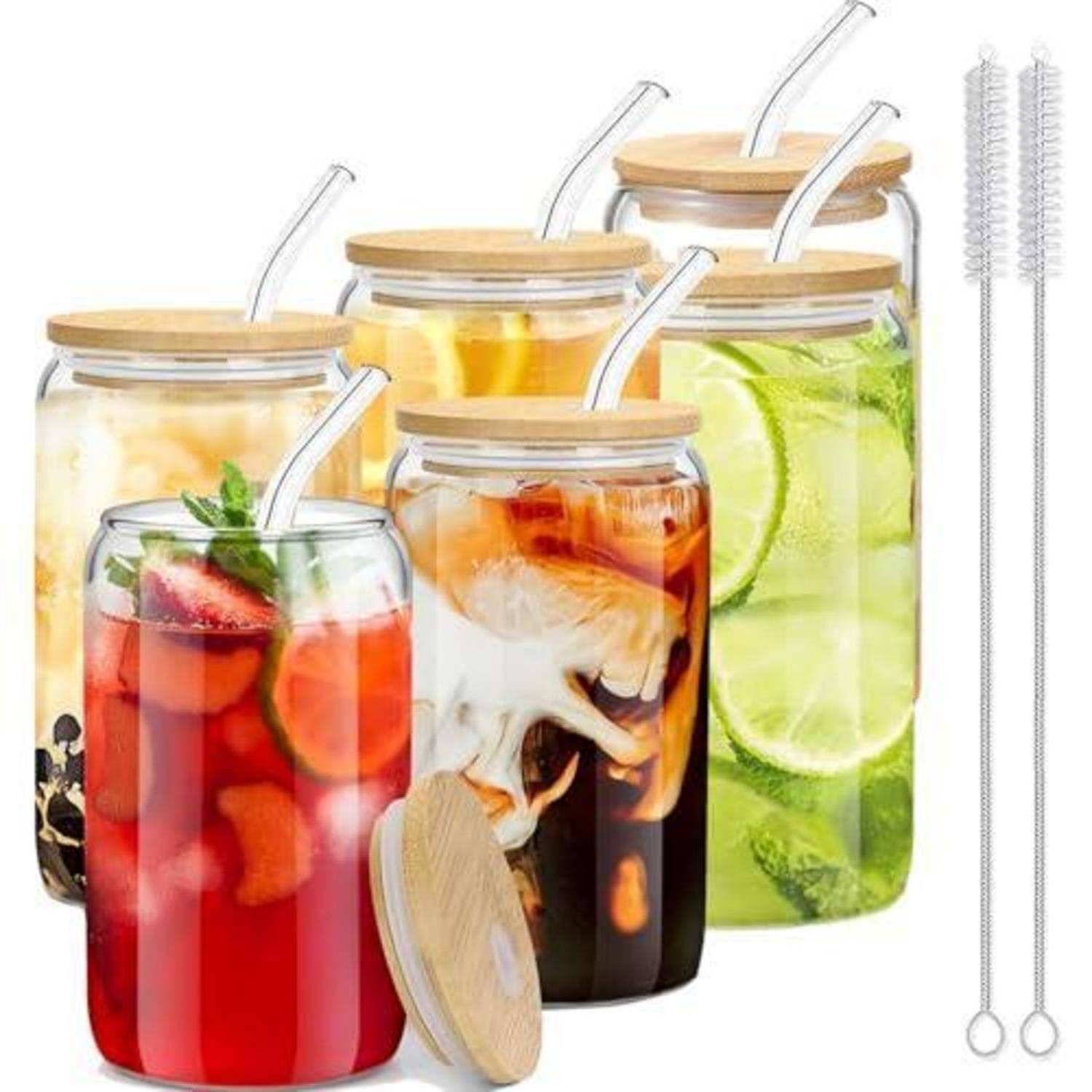 Trinkbecher Set 6er 16oz Glas mit Deckel und Strohhalm, farblos