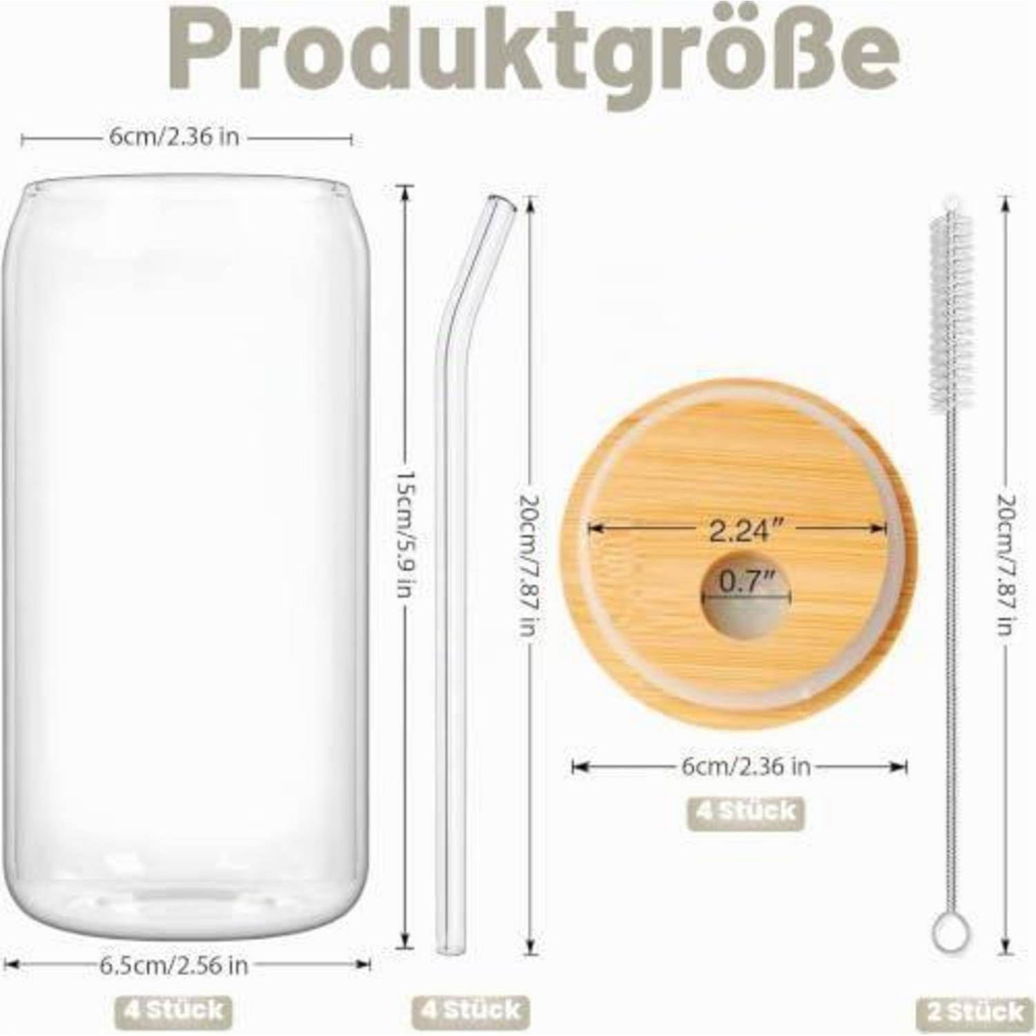 Trinkbecher Set 6er 16oz Glas mit Deckel und Strohhalm, farblos