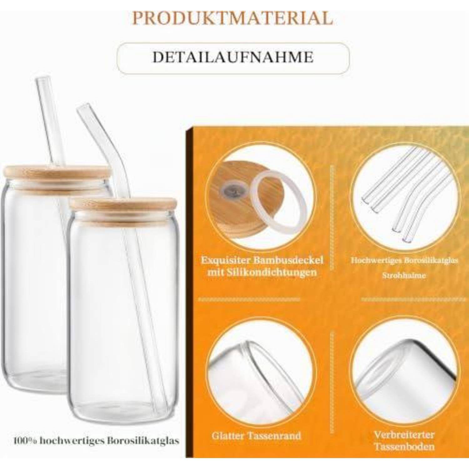 Trinkbecher Set 6er 16oz Glas mit Deckel und Strohhalm, farblos
