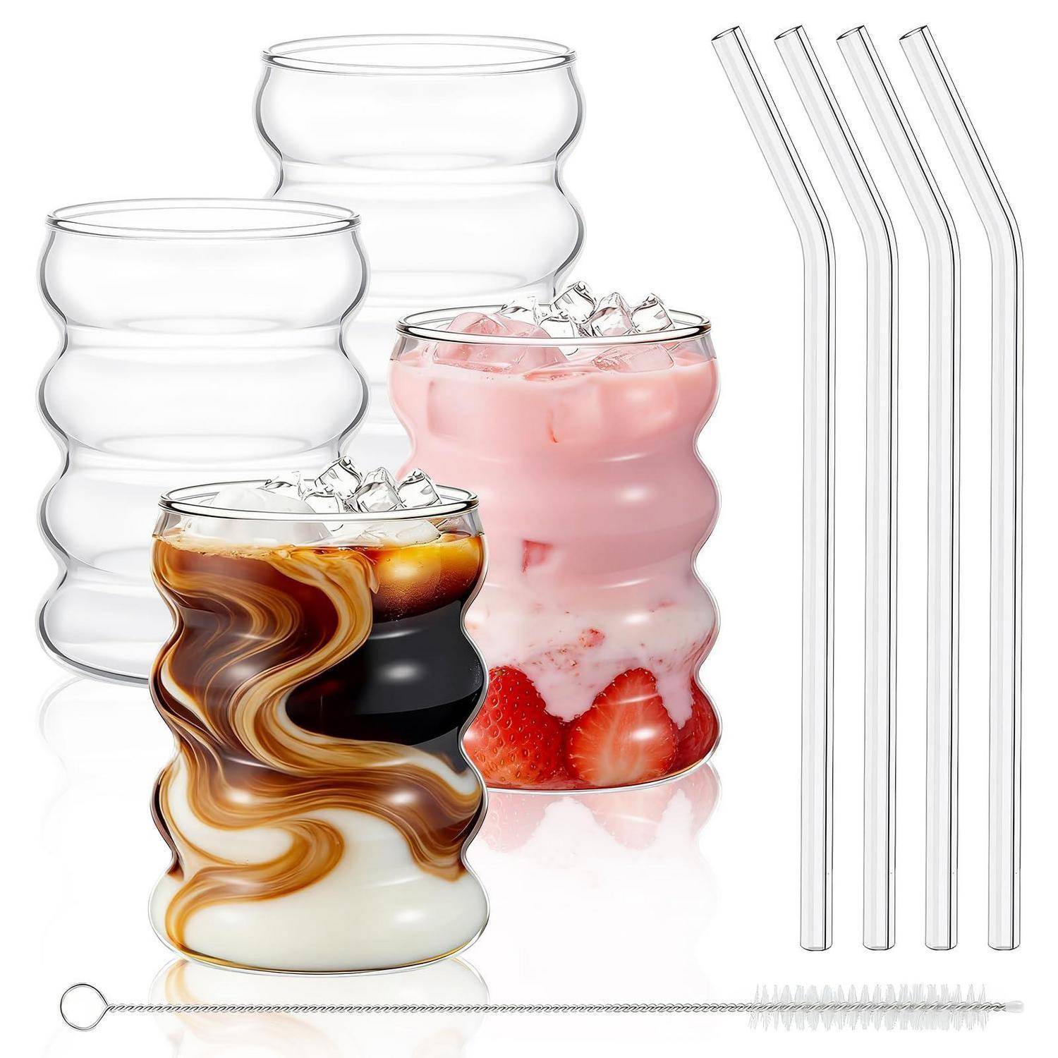 Trinkgläser Set 4er mit Glasstrohhalm 320ml Borosilikatglas gewellt
