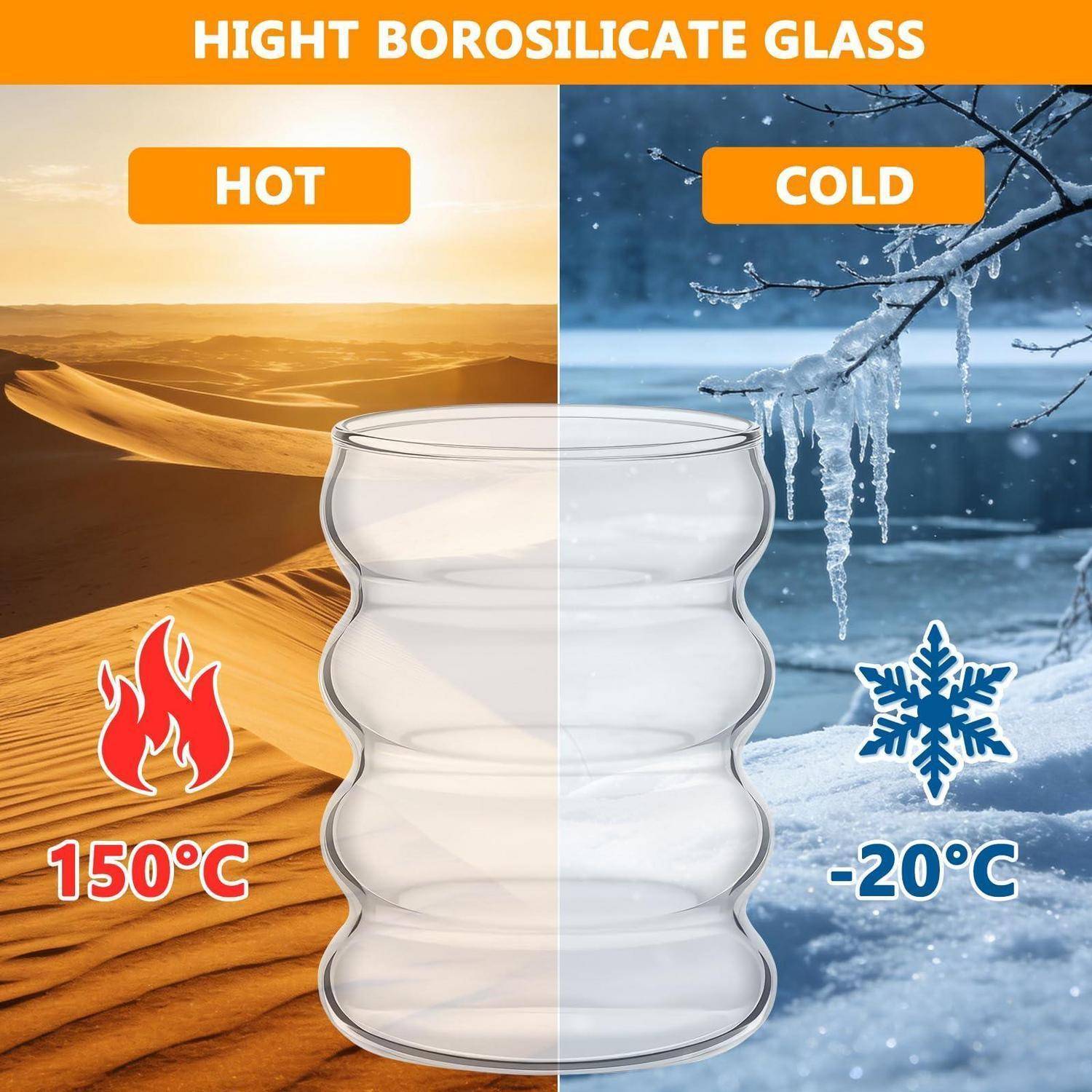 Trinkgläser Set 4er mit Glasstrohhalm 320ml Borosilikatglas gewellt