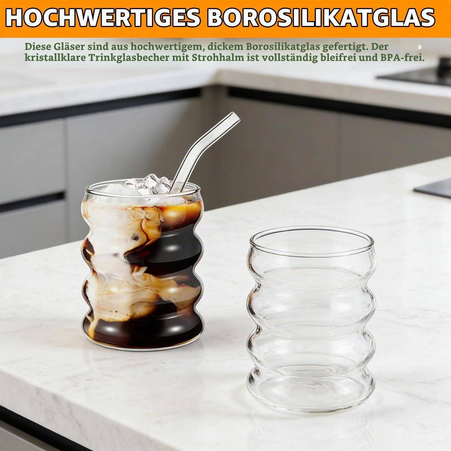 Trinkgläser Set 4er mit Glasstrohhalm 320ml Borosilikatglas gewellt