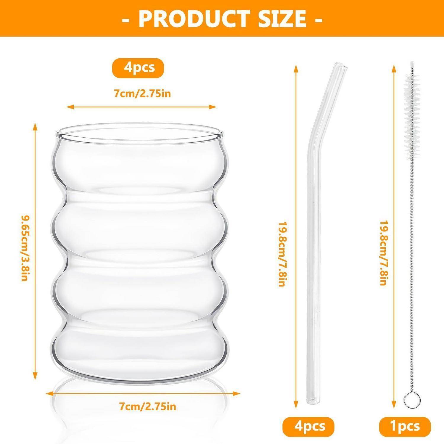 Trinkgläser Set 4er mit Glasstrohhalm 320ml Borosilikatglas gewellt