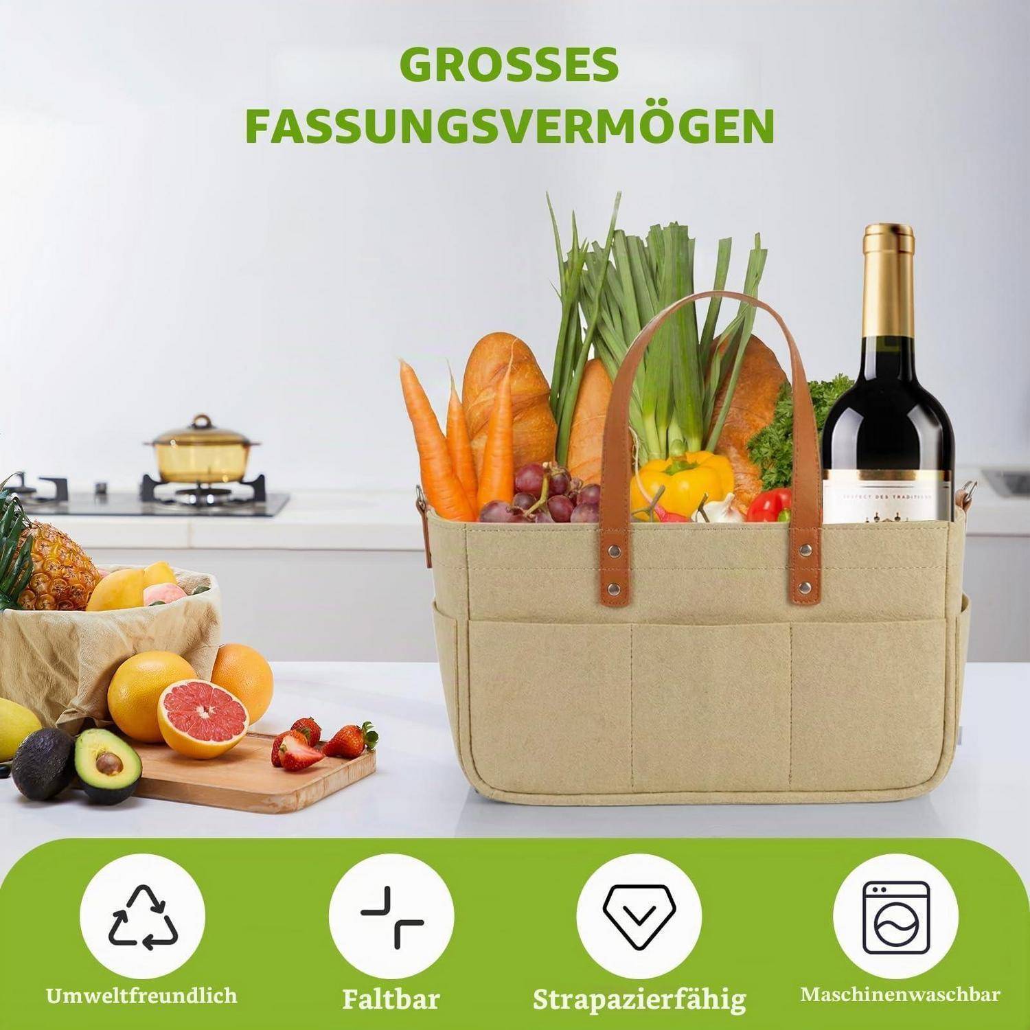Filztasche Einkaufskorb 30L mit Fächern und Schultergurt Khaki