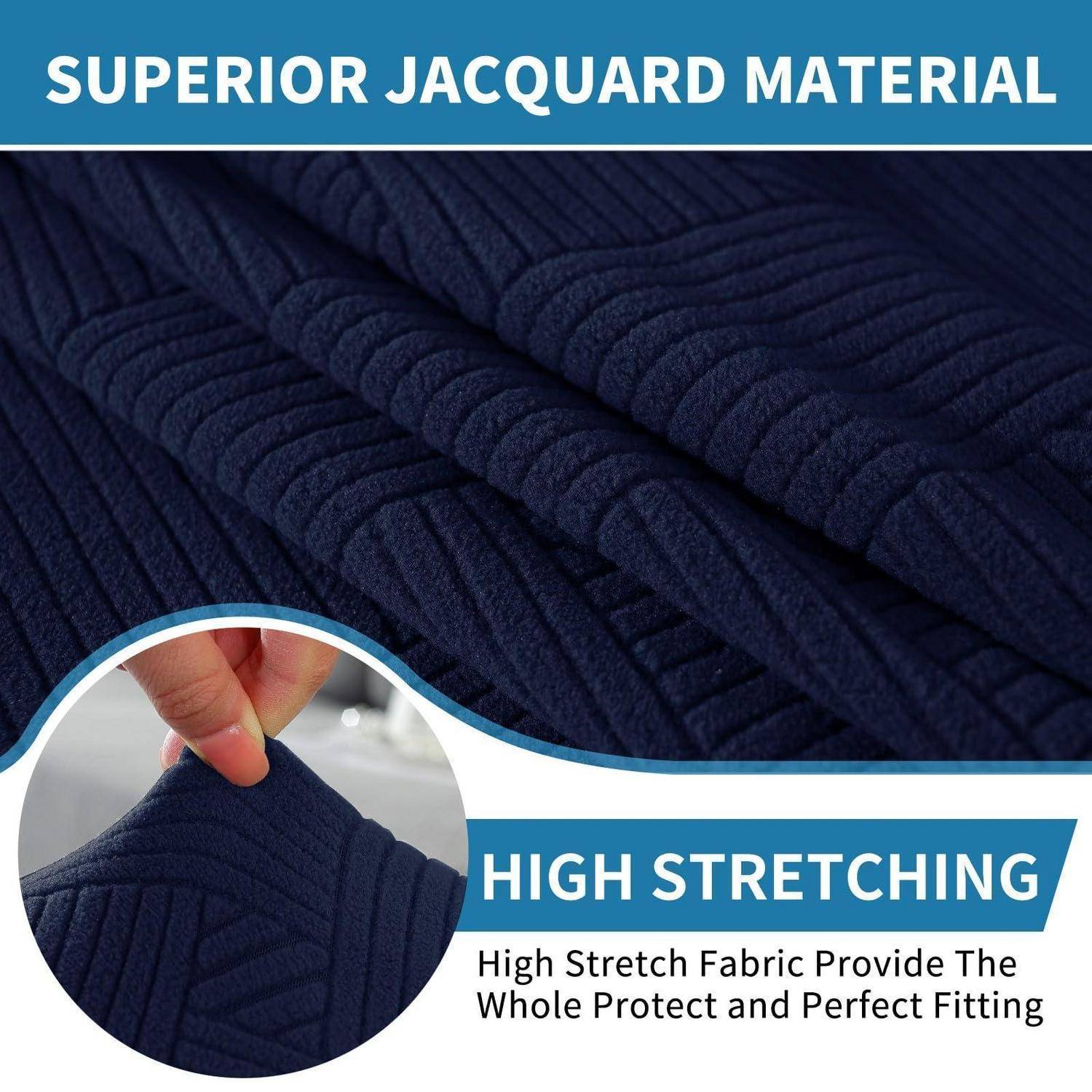 Werbegrafik für überlegenes Jacquard-Material, die ein strukturiertes dunkelblues Gewebe mit einer vergrößerten Handdehn-Einblendung und dem Text „HIGH STRETCHING