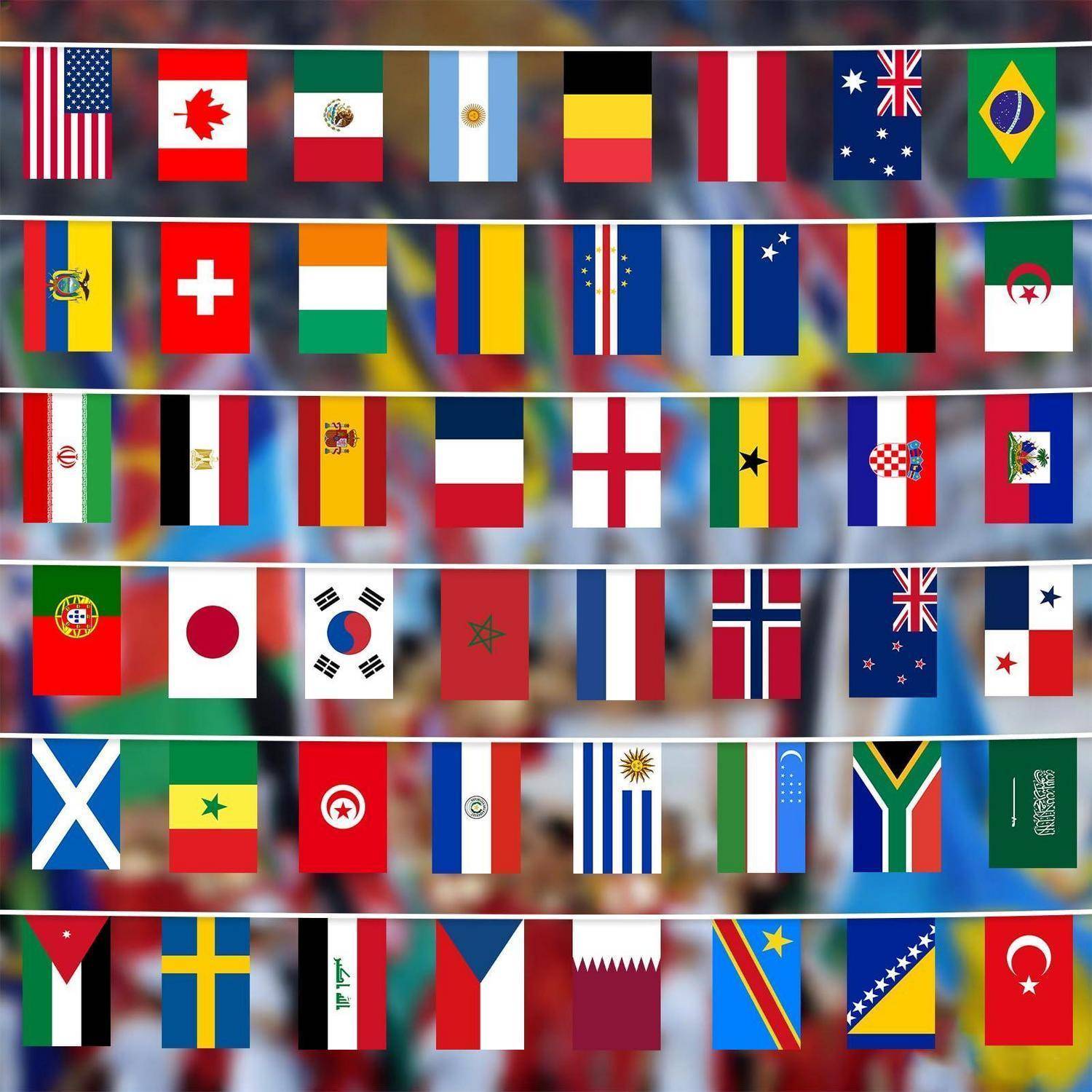 Eine Collage von Nationalflaggen, die in Reihen angeordnet sind, einschließlich der USA, Kanada, Mexiko, Deutschland, Japan, Südkorea, China, Australien, Brasilien und anderen.