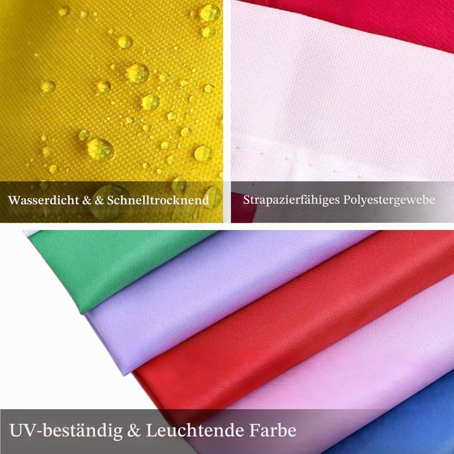 Farbenfrohe Polyestergewebeproben und Nahaufnahmen, die wasserfestes, schnell trocknendes, strapazierfähiges und UV-beständiges Material in leuchtenden Farben zeigen.