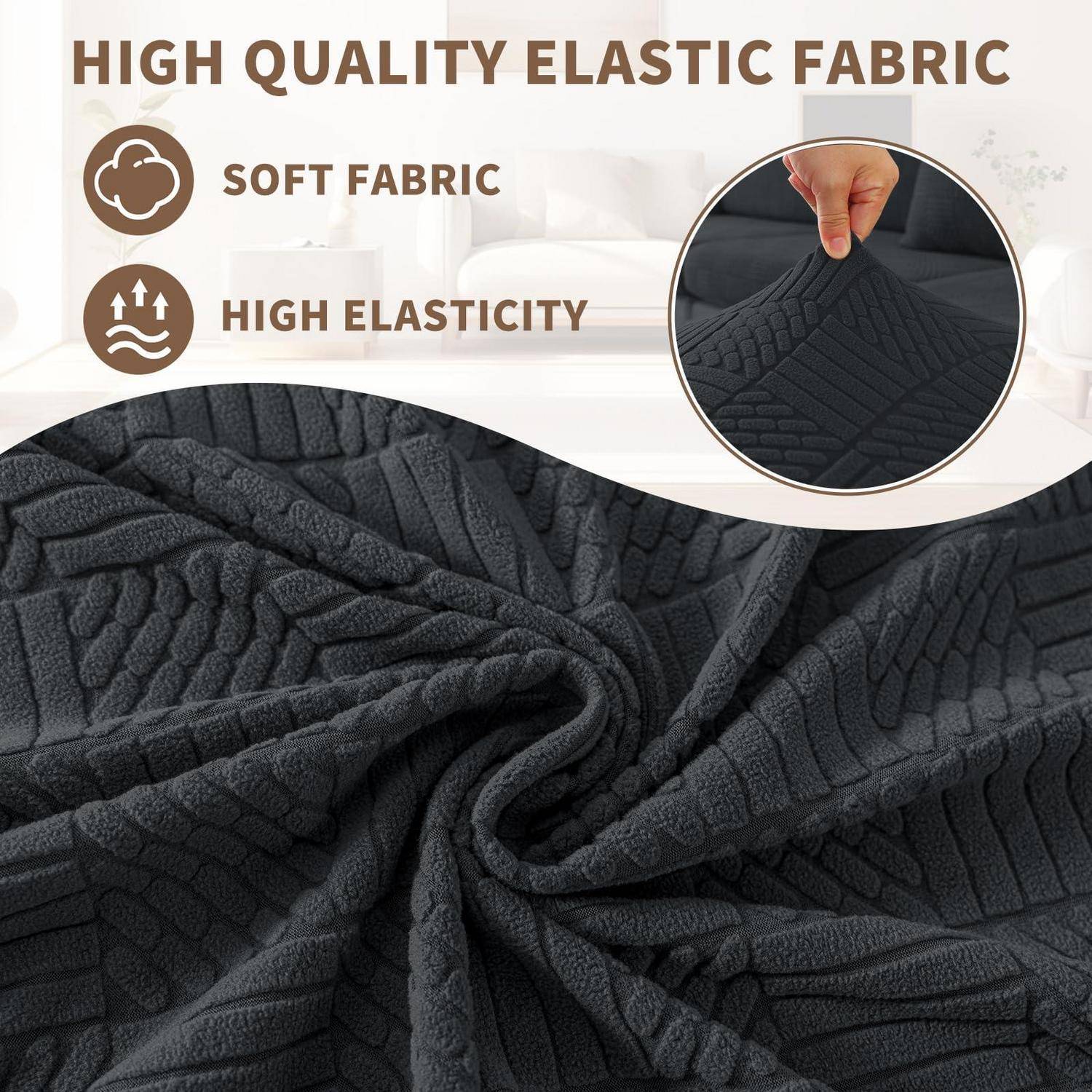 Werbebild aus schwarzem strukturiertem elastischem Stoff mit dem Text „HOCHWERTIGER ELASTISCHER STOFF", „WEICHER STOFF"" und „HOHE ELASTIZITÄT"" sowie einer Hand, die das Material dehnt.