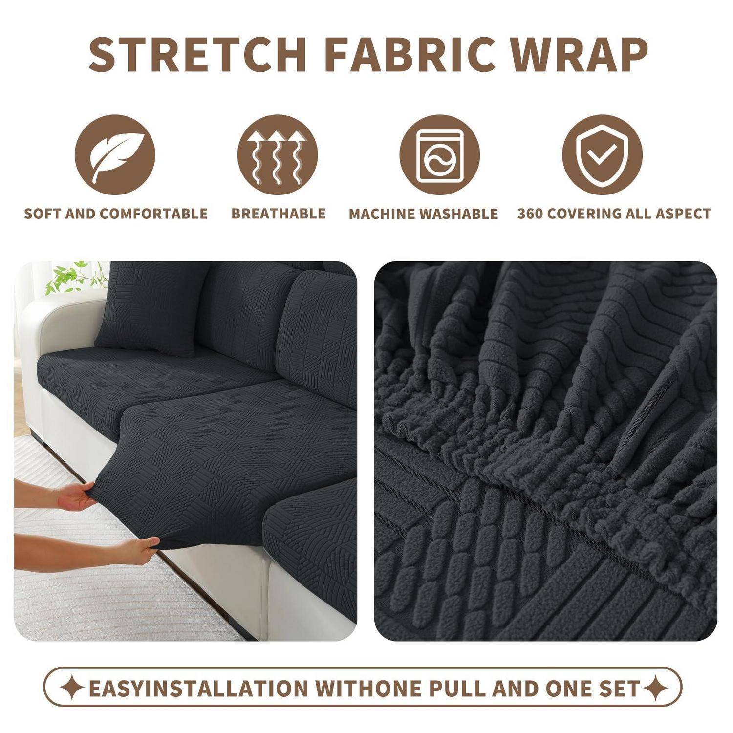 Werbegrafik für „STRETCH FABRIC WRAP" zeigt einen dunklen Sofabezug, der angebracht wird, und eine Nahaufnahme der strukturierten Stoffe; Symbole heben weich, atmungsaktiv, maschinenwaschbar und 360°-Abdeckung hervor, mit Text zur einfachen Installation.