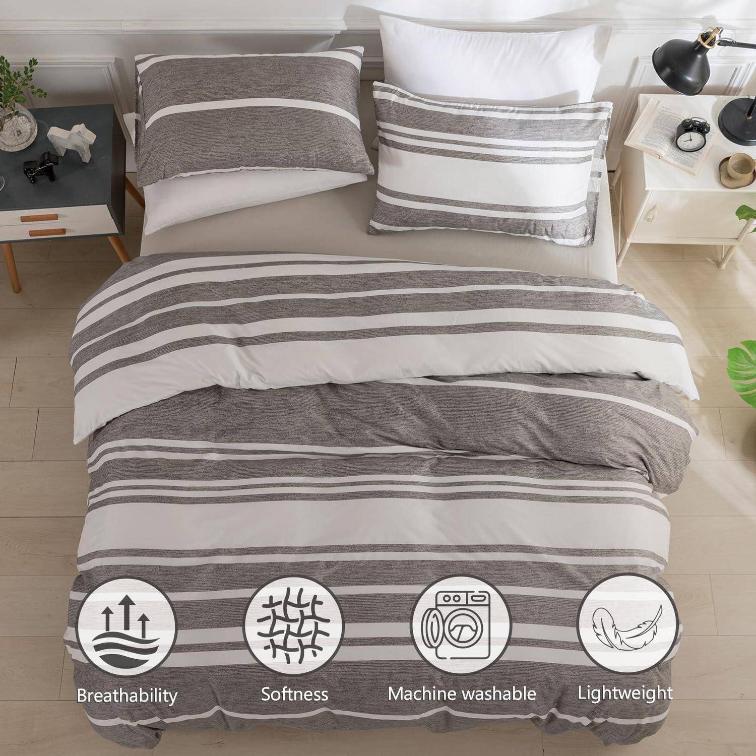 Bettwäsche-Set 240x220 cm Streifen Grau Mikrofaser 3-teilig mit Reißverschluss
