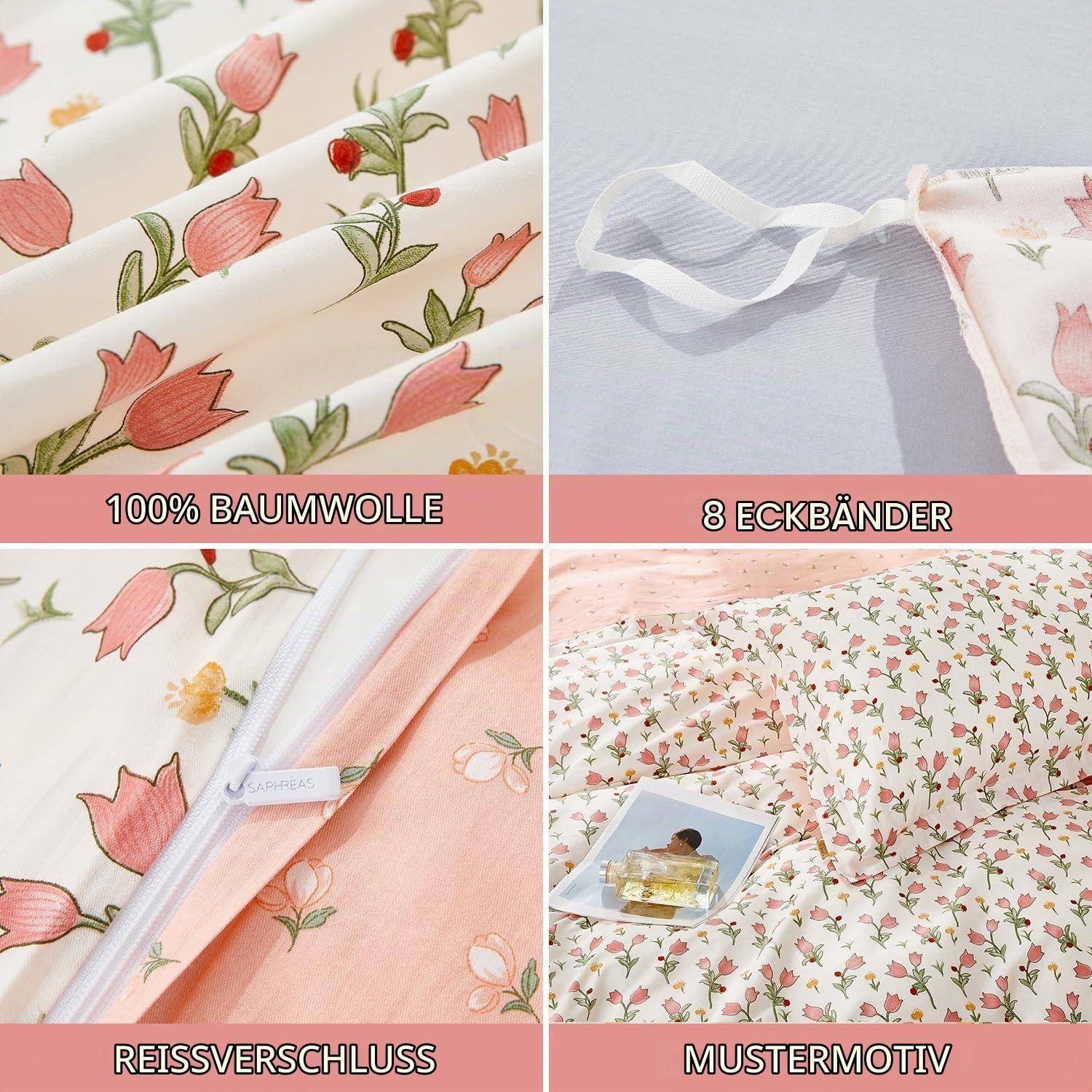 Bettwäsche-Set 200x220cm Rosa Blumenmuster 100% Baumwolle Oeko-Tex