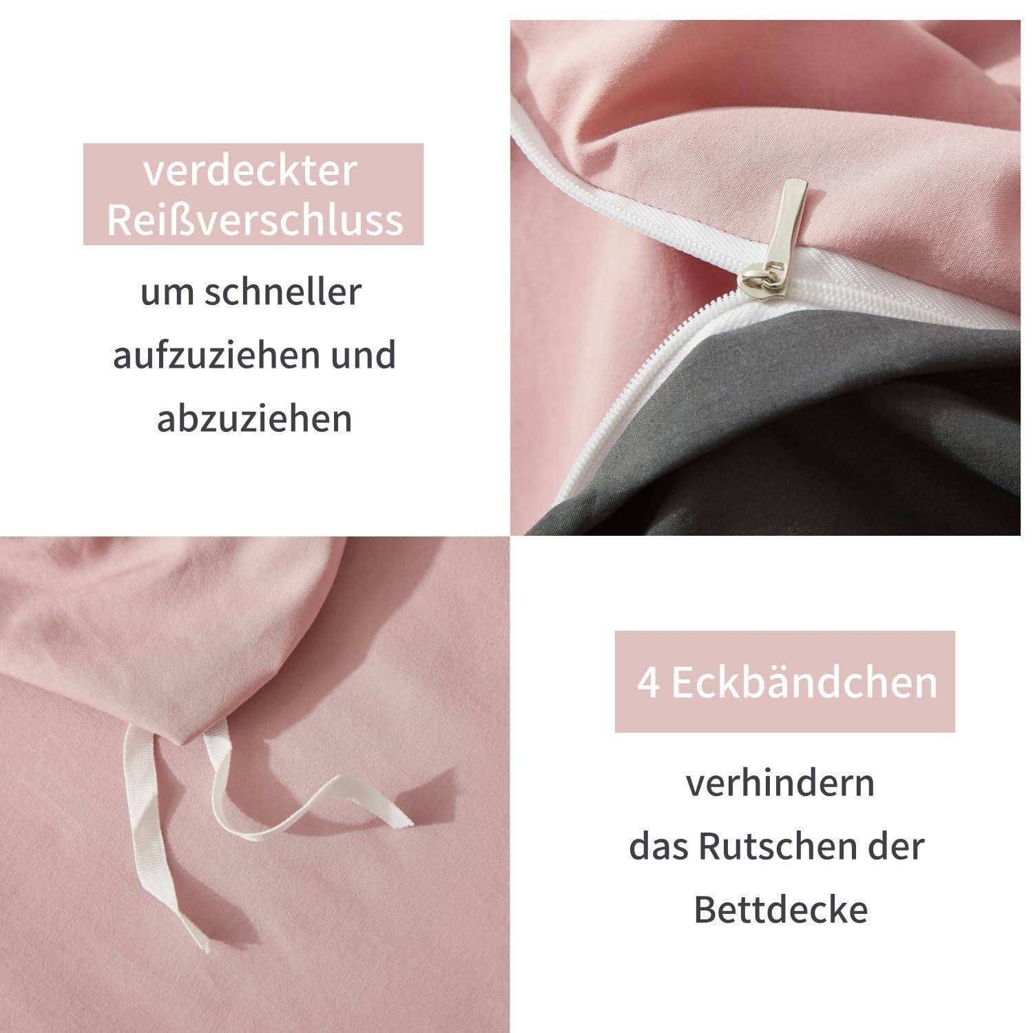 Vierpaneliges Produktfoto eines rosa Bettwäscheset mit verborgenem Reißverschluss für leichteres Anziehen und vier Eckbändern zur Verhinderung des Verrutschens der Bettdecke.
