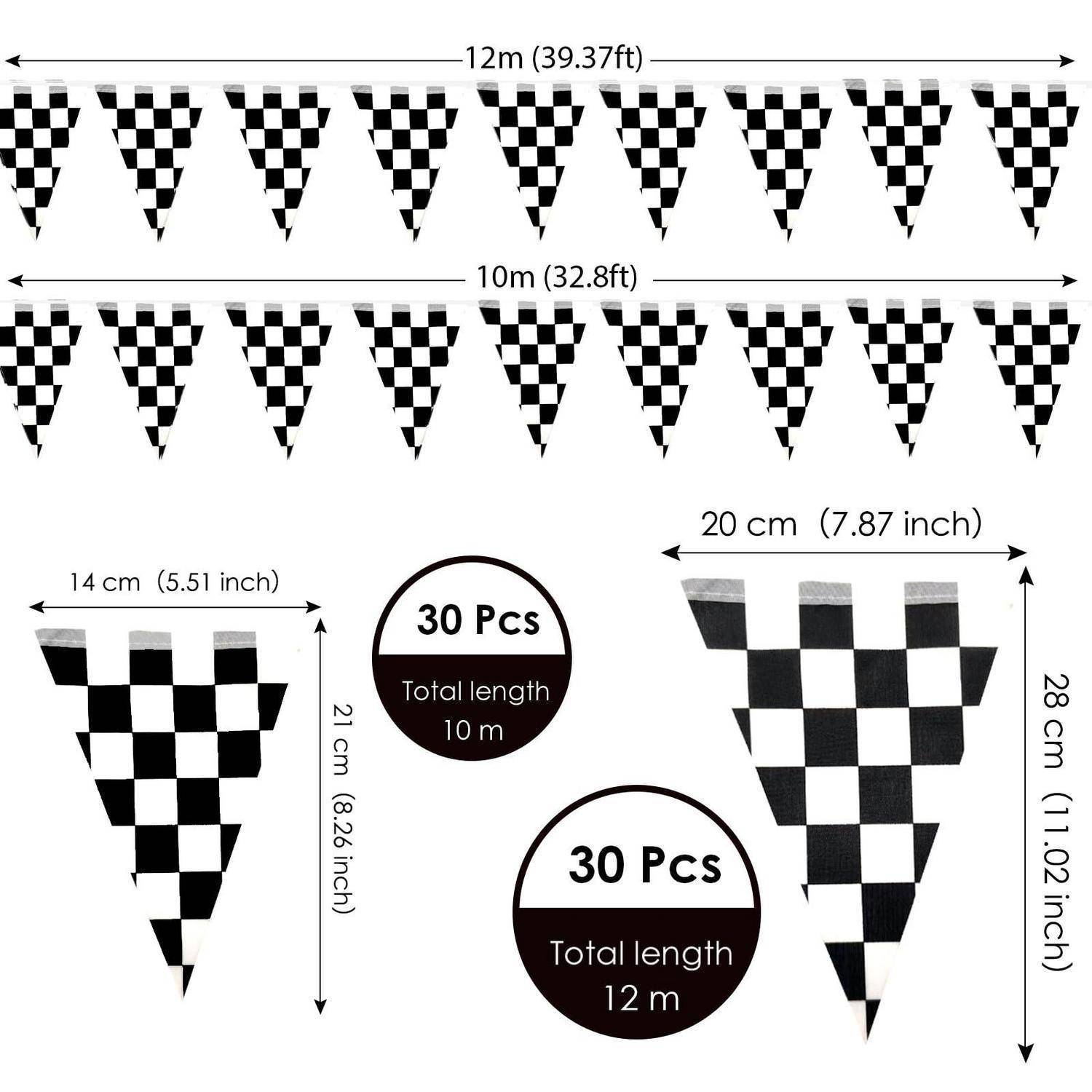 Diagramm mit schwarz-weißem Wimpelgirlanden-Set: 30 Stück, Gesamtlängenoptionen 10 m oder 12 m, mit Banner- und Flaggengrößenmessungen.
