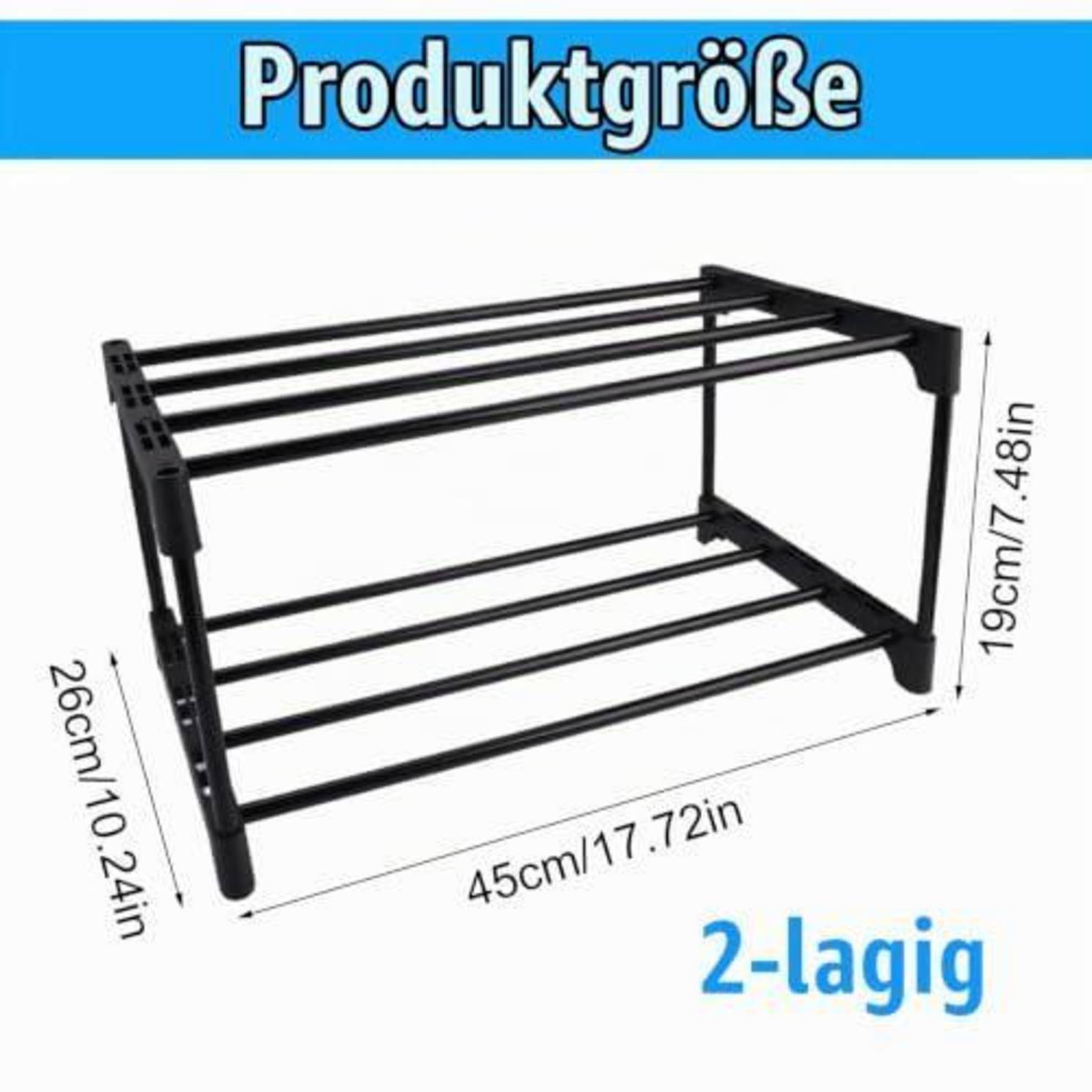 Zykra Schuhregal 2 Ebenen Schwarz Metall 45x26x19cm Stapelbar