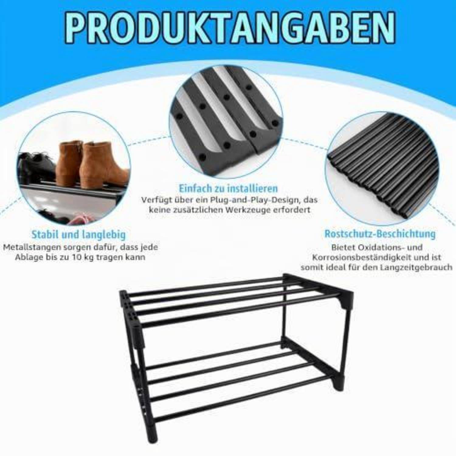 Zykra Schuhregal 2 Ebenen Schwarz Metall 45x26x19cm Stapelbar