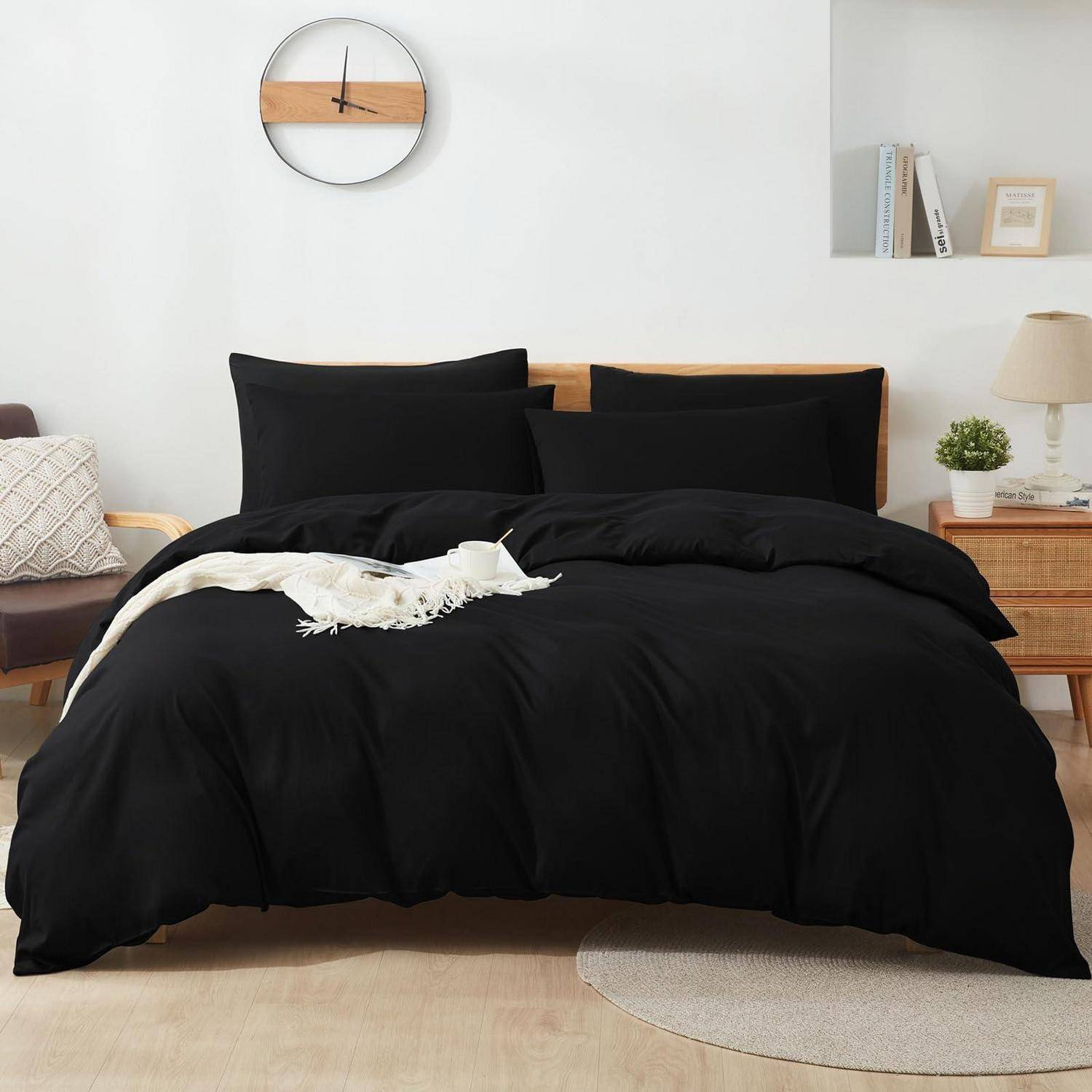 Bettwäsche-Set 135x200cm Baumwolle Schwarz 2tlg. mit Reißverschluss