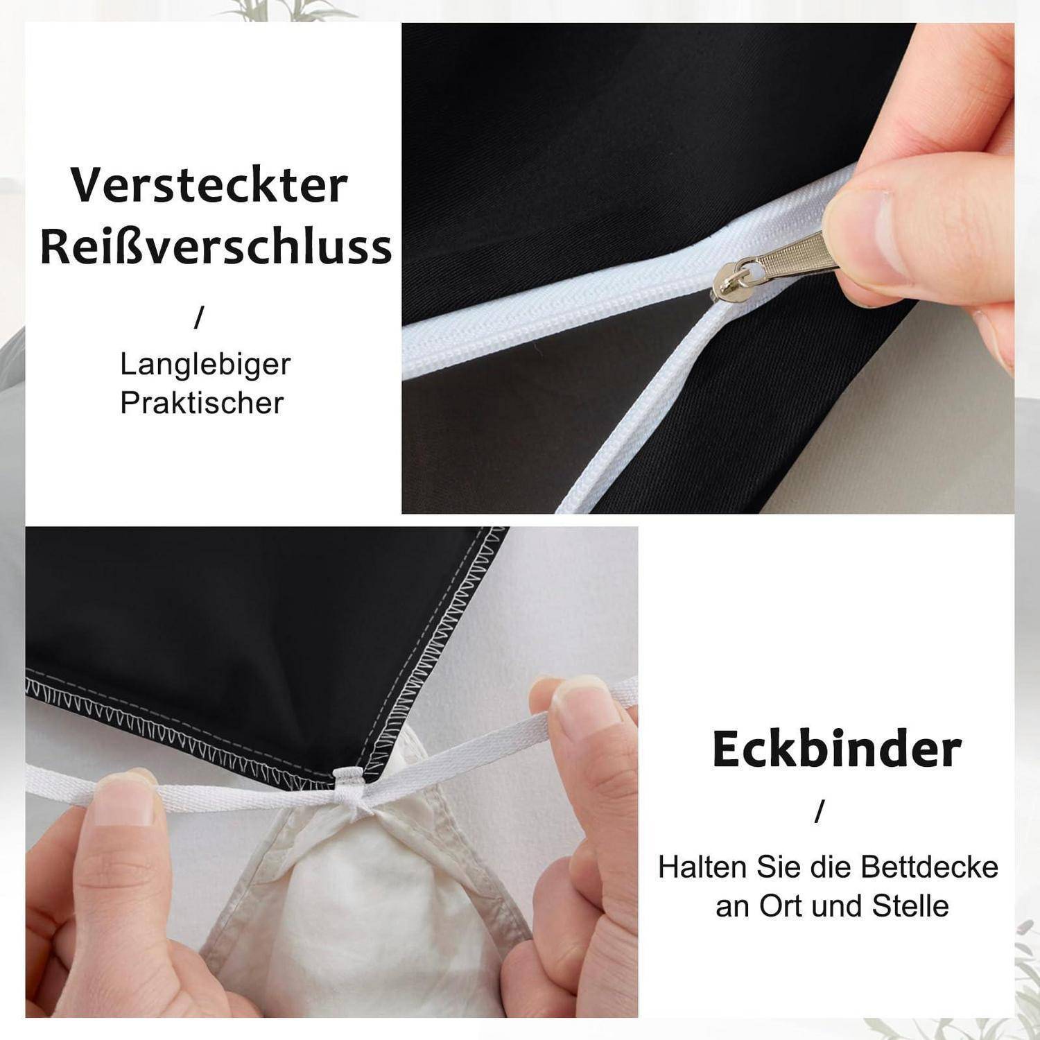 Anleitungsgrafik, die einen versteckten Reißverschluss und Eckbinder auf Bettwäsche zeigt, beschriftet in Deutsch mit "Versteckter Reißverschluss"" und ""Eckbinder"" zum Befestigen eines Bettdeckenbezugs.