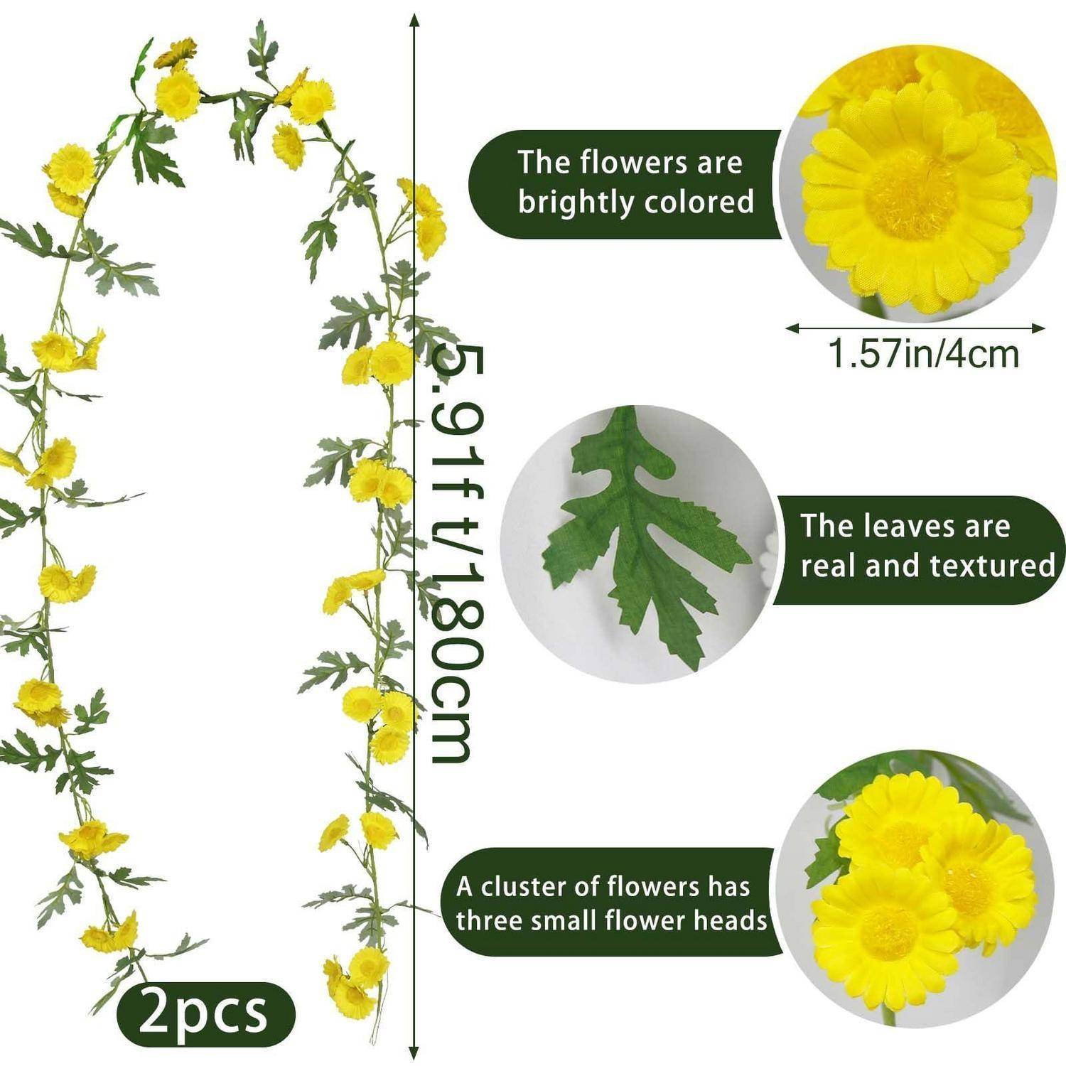 2x Blumengirlande Gänseblümchen künstlich 180cm Gelb Seidenblumen