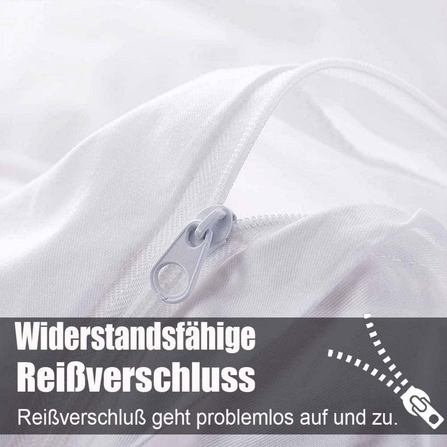 Nahaufnahme eines weißen Reißverschlusses auf Stoff mit deutschem Text „Widerstandsfähige Reißverschluss" und „Reißverschluß geht problemlos auf und zu."" zeigt Haltbarkeit und einfache Handhabung.