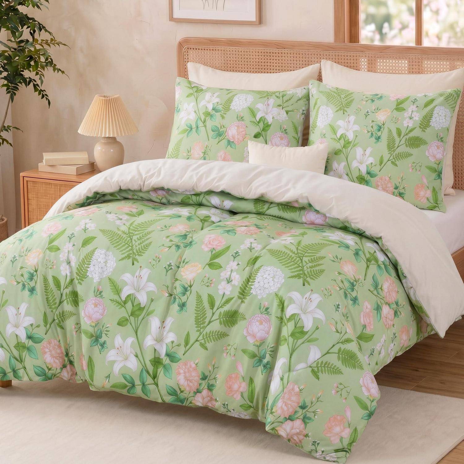 Grünes Blumenbettwäsche-Set auf einem Bett mit Korbgeflecht-Kopfteil, bestehend aus Bettdecke, Kissen und weißen Laken in einem weichen Schlafzimmer.