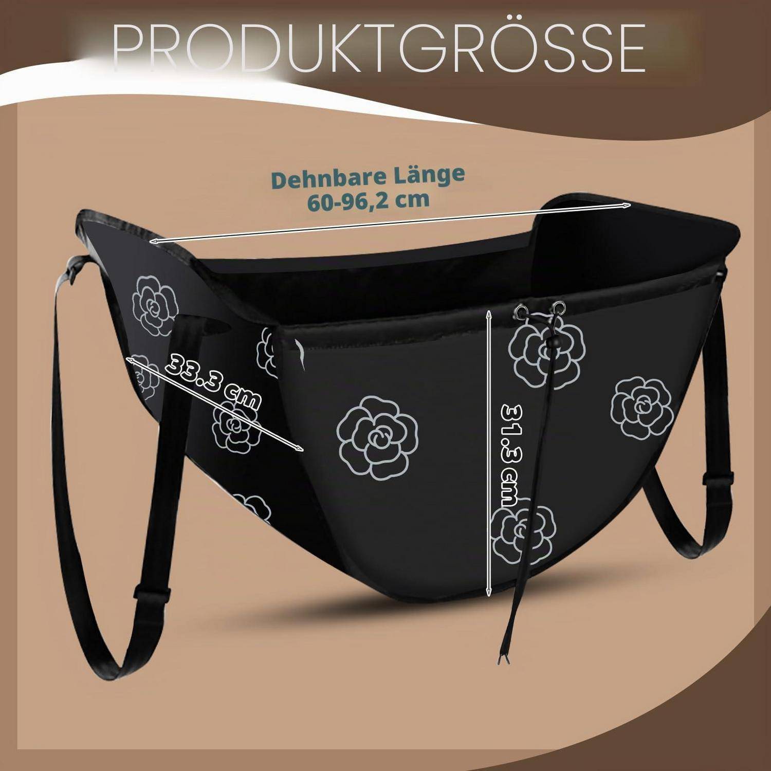 Größendiagramm einer schwarzen Blüten-Gürteltasche mit verstellbarer Länge von 60–96,2 cm, Breite von 38,3 cm und Höhe von 31,3 cm.