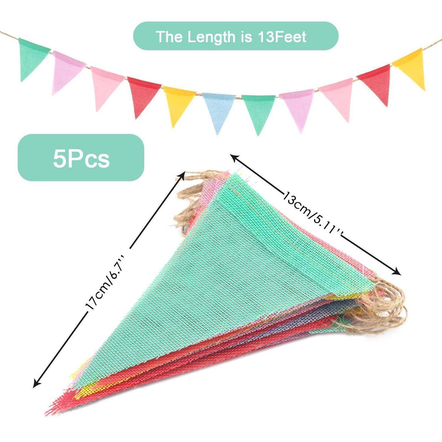 Produktbild von 5 pastellfarbenen dreieckigen Wimpeln; Text besagt „Die Länge beträgt 13 Fuß" und zeigt Bannerdimensionen von 17 cm und 13 cm.