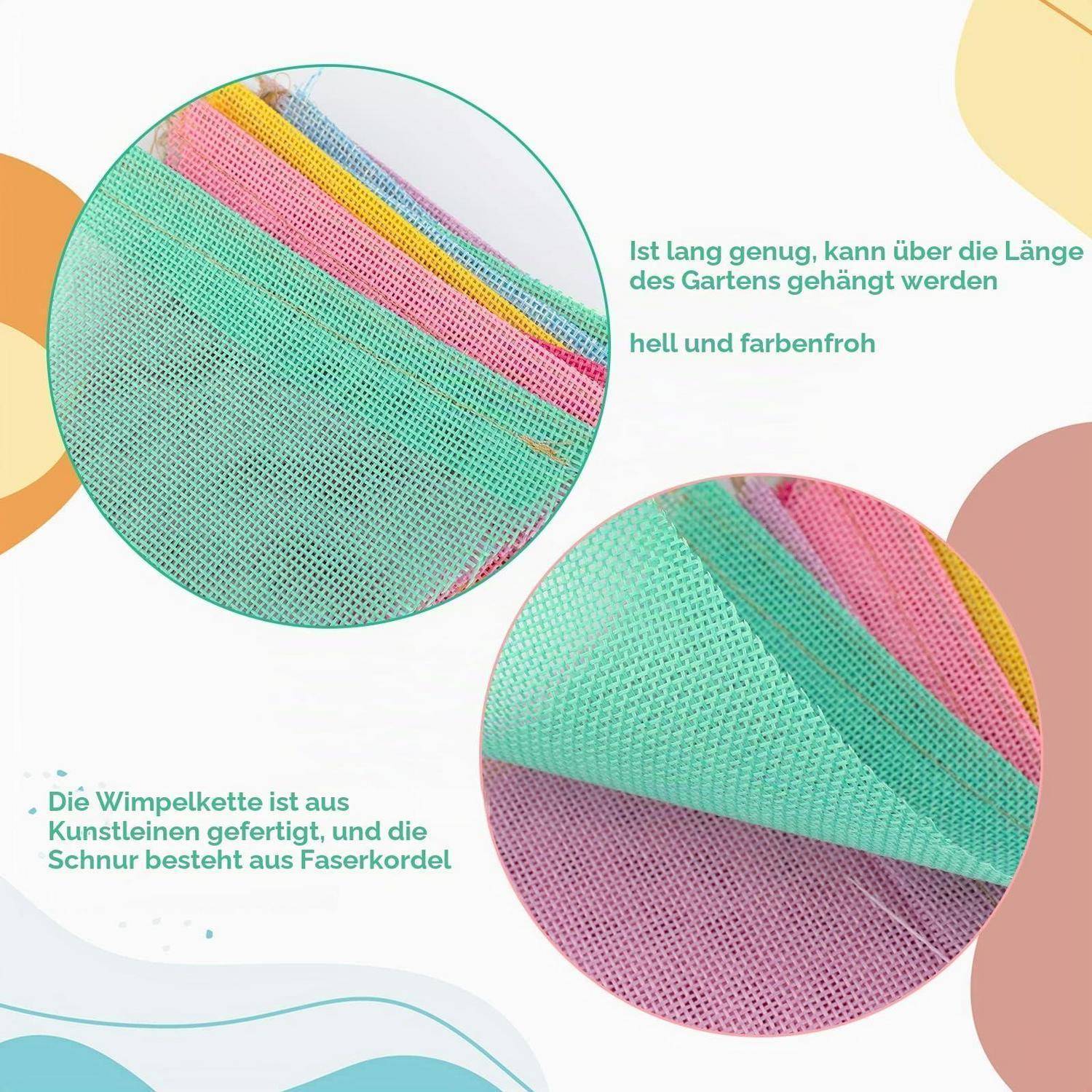Zwei Nahaufnahmen zeigen eine farbenfrohe Netz-Wimpelgirlande in Mint, Pink, Gelb und Blau; deutscher Text besagt, dass sie lang genug ist, um über einen Garten gespannt zu werden, und dass sie aus synthetischem Band mit Faserkordel gefertigt ist.
