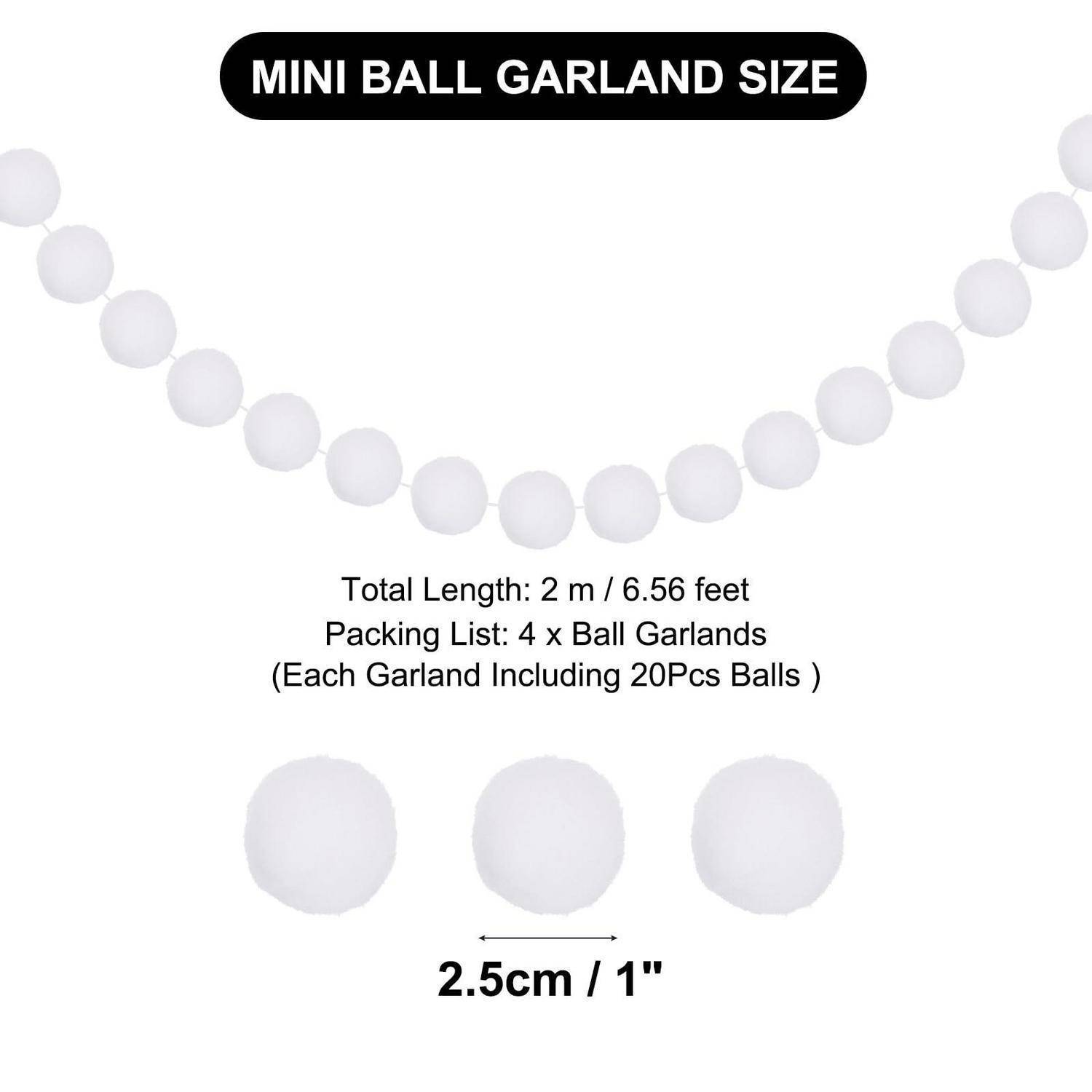 Mini-Kugelgirlanden-Größentabelle mit einer 2-m-Girlande mit 4 Strängen, je 20 Kugeln, und Kugelgröße 2,5 cm (1 Zoll).