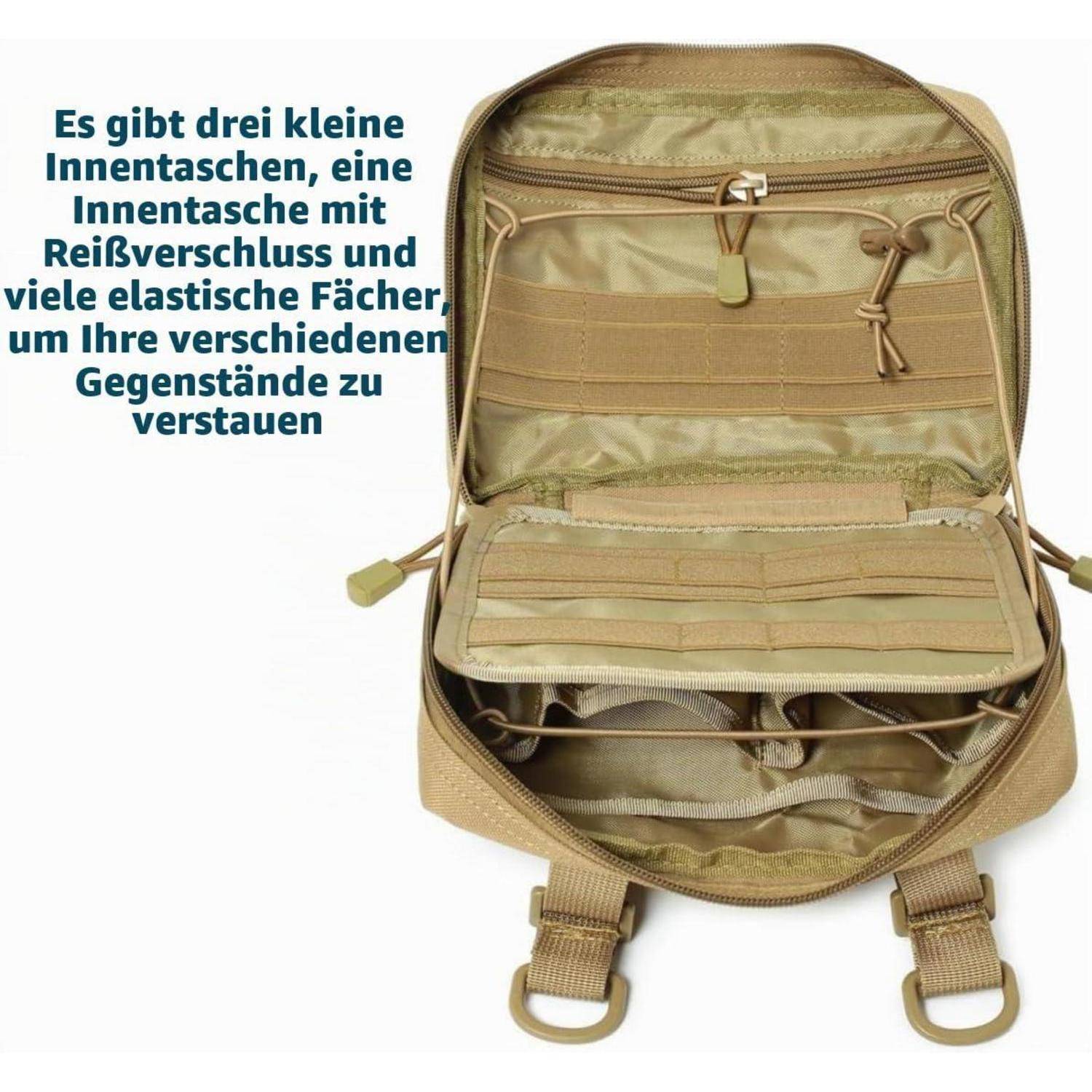 Offene tan-farbene taktische Tasche, die drei kleine innere Taschen, eine Reißverschlusstasche und mehrere elastische Fächer zur Organisierung von Gegenständen zeigt.