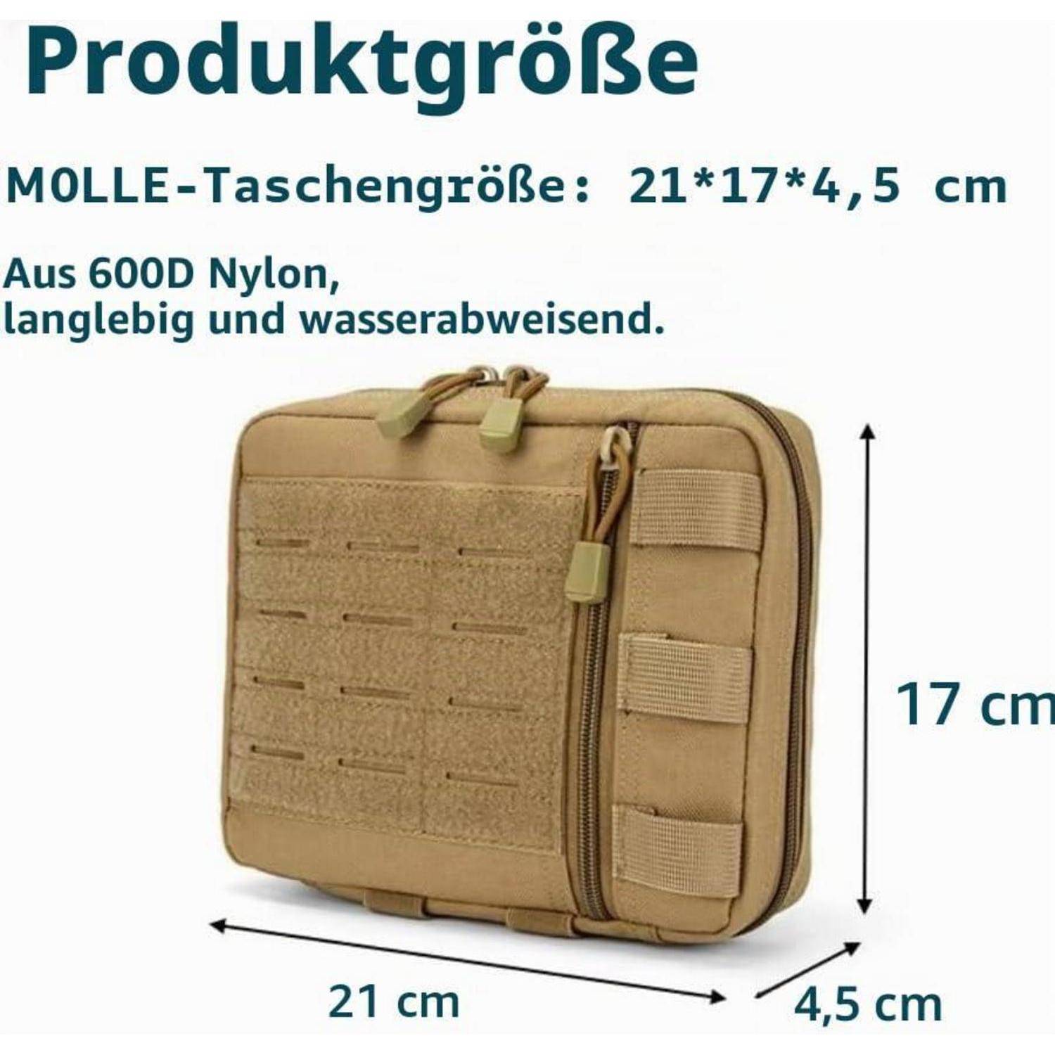 Größentabelle für eine MOLLE-Tasche: 21 x 17 x 4,5 cm, aus 600D-Nylon, langlebig und wasserbeständig.