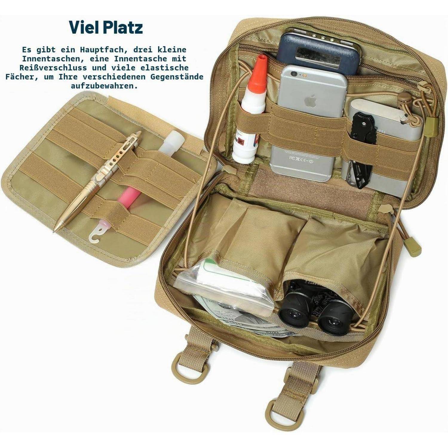 Offene beige Organizer-Tasche mit mehreren elastischen Taschen, in denen Telefon, Taschenlampe, Stifte und Zubehör aufbewahrt werden; die Einblendung zeigt das interne Lagerlayout.