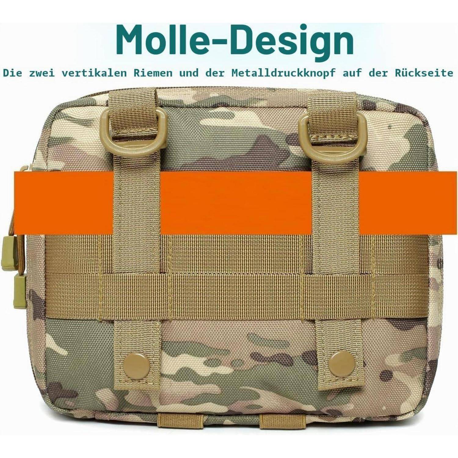 Camouflage-Beutel mit Molle-Design und deutschem Text „Die zwei vertikalen Riemen und der Metalldruckknopf auf der Rückseite"; orangefarbener Balken hebt die hinteren Riemen hervor.